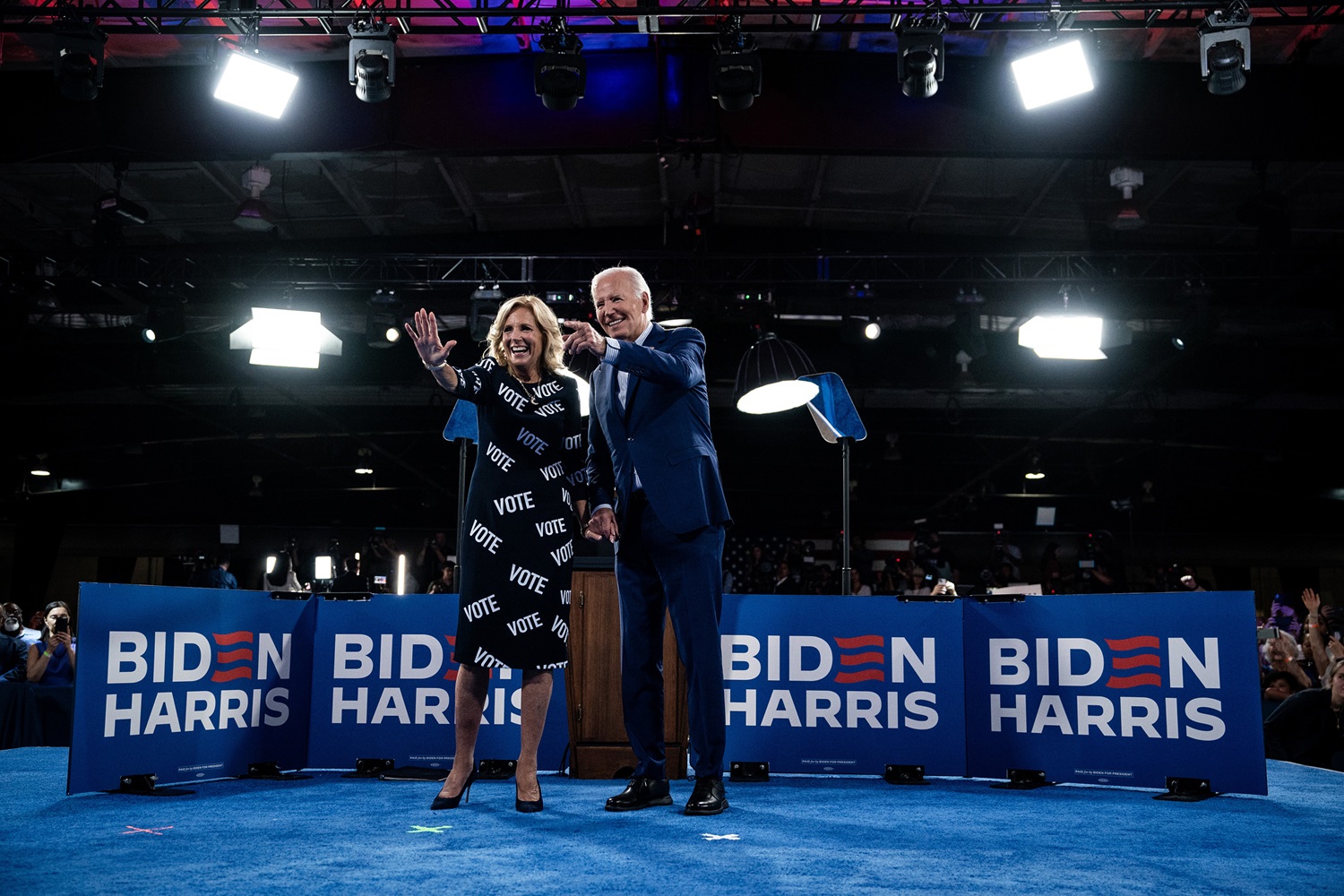 First lady Jill Biden wears a dress declaring Vote as she joins President Joe Biden at a campaign rally in Raleigh, North Carolina. Photo / New York Times