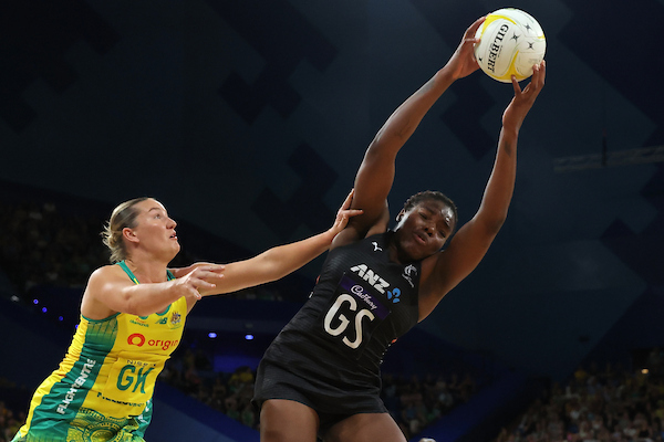 Grace Nweke of New Zealand against Australia during a Constellation Cup match in Perth in October 2024. She is waiting to learn if she can continue playing for the Silver Ferns in 2025. Photo / AAP Image / Richard Wainwright / Photosport