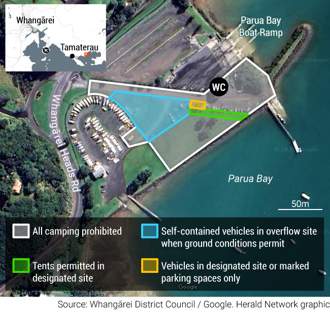 The area highlighted green is where camping in tents is permitted within Whangārei District Council's freedom camping zone at Parua Bay. WDC / Google / NZ Herald graphic