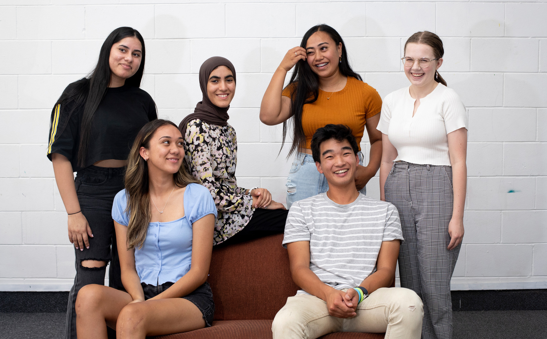 Covid generation students starting university on Monday, from left: Raman Kaur, Georgia-Rae Jones, Nabaa Faisal, Anna Maria Va'a, Kevin Wang and Ellie Harper. Photo / Dean Purcell