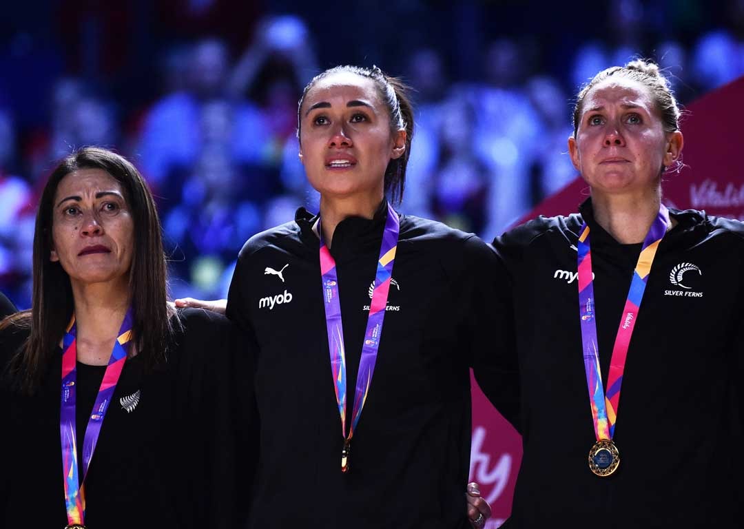 Noeline Taurua coach of New Zealand looks on with Maria Folau, Casey Kopua following the Silver Fern's World Cup victory over Australia. Photo /Getty