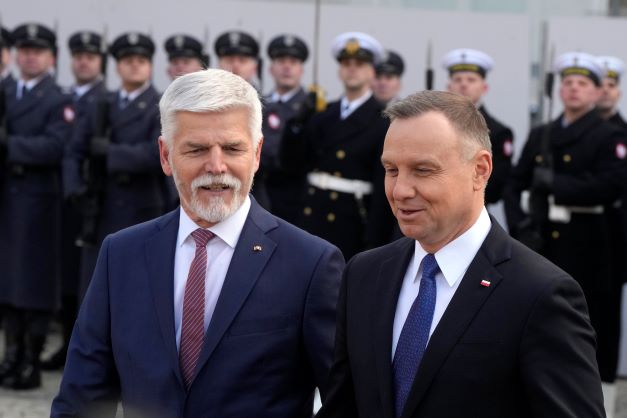 Poland's President Andrzej Duda, right, welcomes Czech Republic's President Petr Pavel at the Presidential Palace in Warsaw, Poland, on  Thursday. Photo / AP