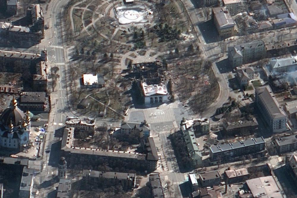 This satellite image provided by Maxar Technologies on March 19 shows the aftermath of the airstrike on the Mariupol Drama theater, Ukraine, and the area around it. Photo / AP
