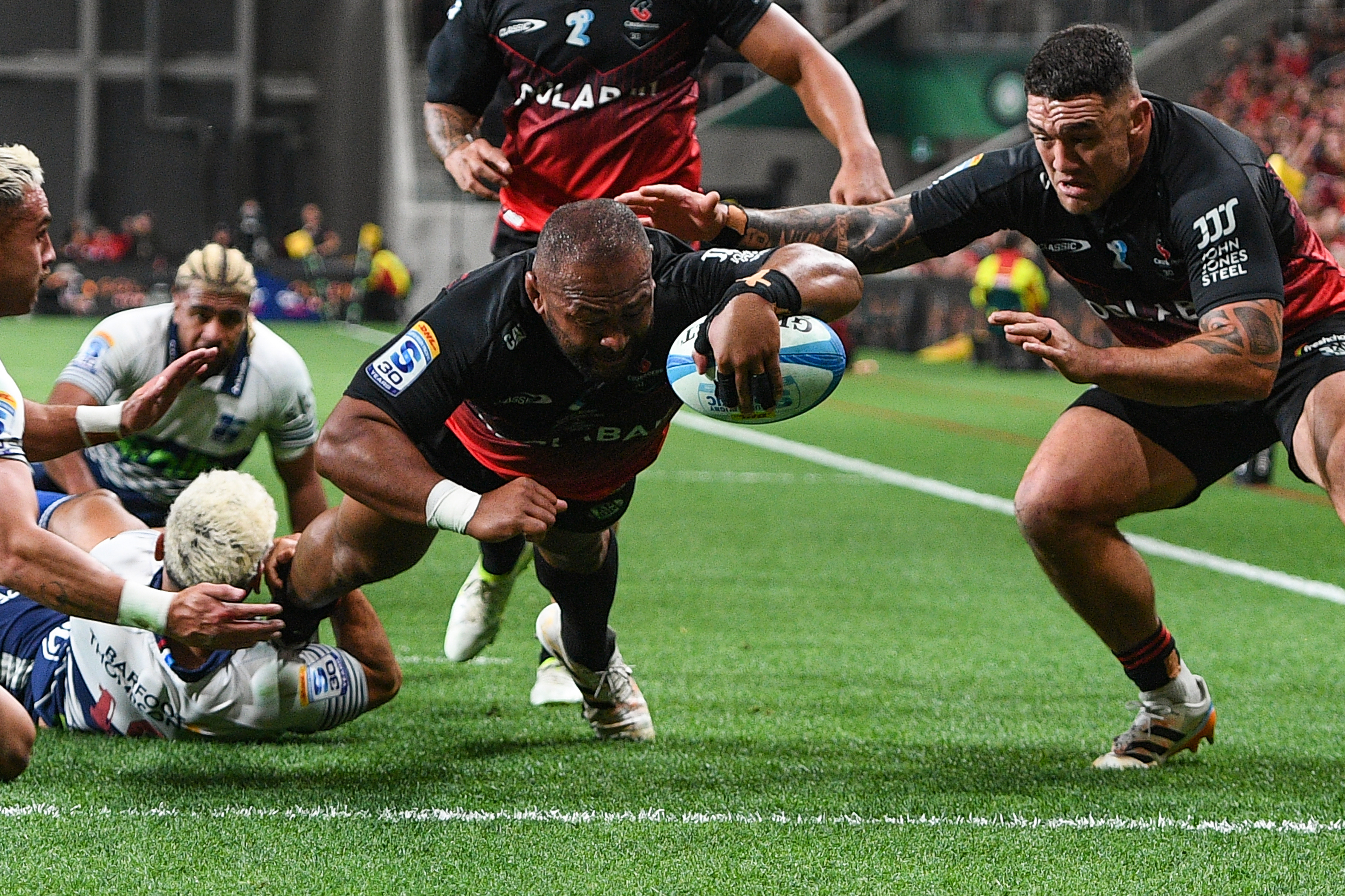 George Bower scored his first Super Rugby Pacific try in the Crusaders' win over the Blues. Photo / Photosport