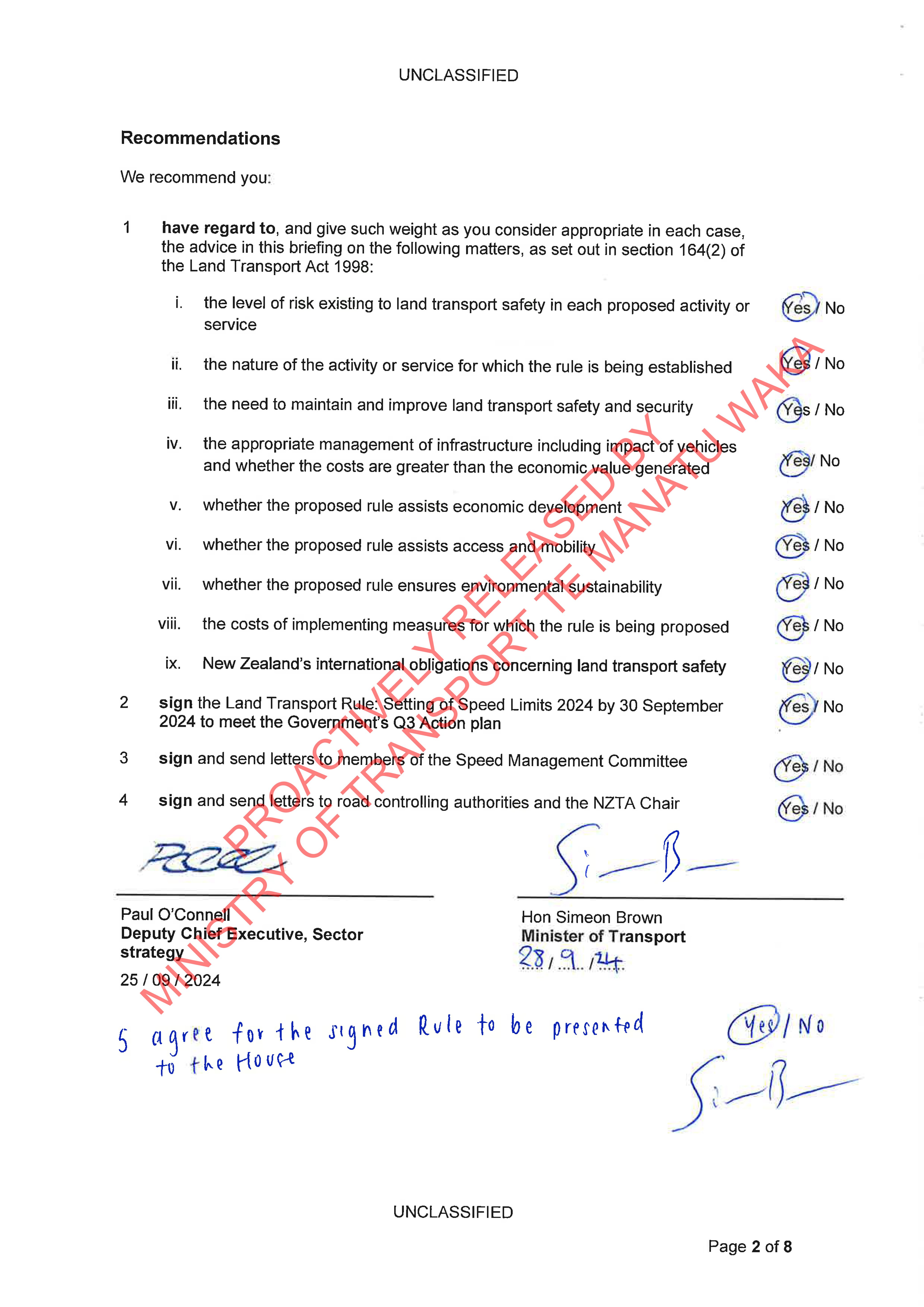 Checklist from the Ministry of Transport, marked up and signed by Transport Minister Simeon Brown, recording that he has paid “due regard” to safety and other matters before approving the new speed rule.