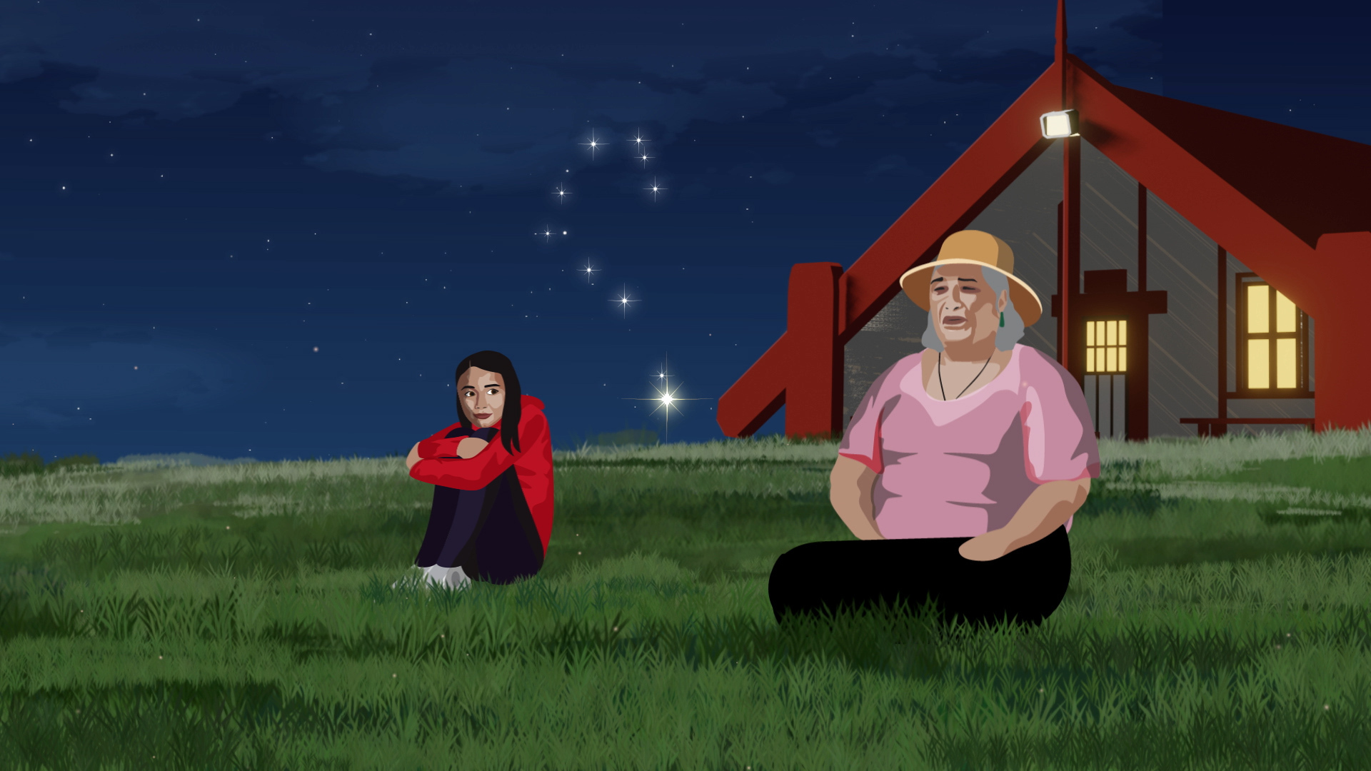 Nan tells Ururangi about Rehua, the pāpā in a different constellation. Animation / Ben Cummins