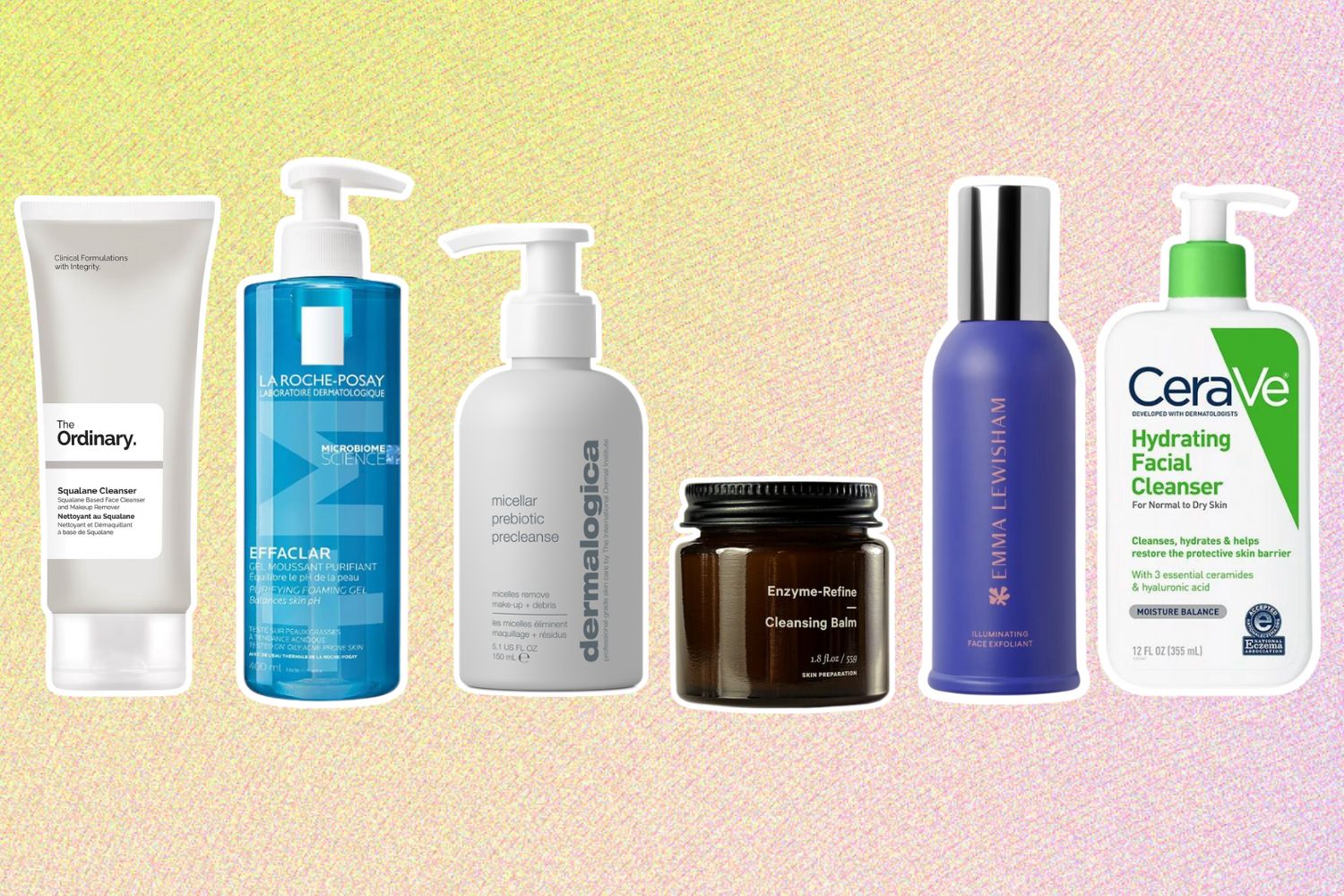 From left: The Ordinary Squalane Cleanser; La Roche Posay Effaclar+ M Purifying Foaming Gel Cleanser; Dermalogica Micellar Prebiotic Precleanse; Maryse Enzyme Refine Cleansing Balm; Emma Lewisham Illuminating Oil Cleanser; CeraVe Hydrating Facial Cleanser. 