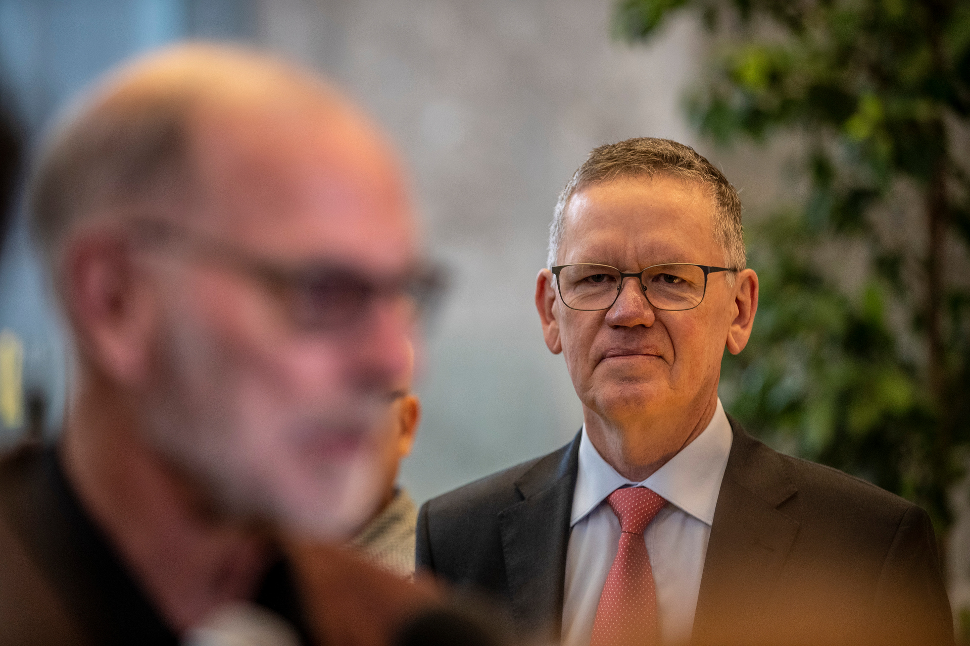 Jim Stabback, Auckland Council's chief executive officer and Mayor Wayne Brown as Brown started the first day of his term. Photo / NZME