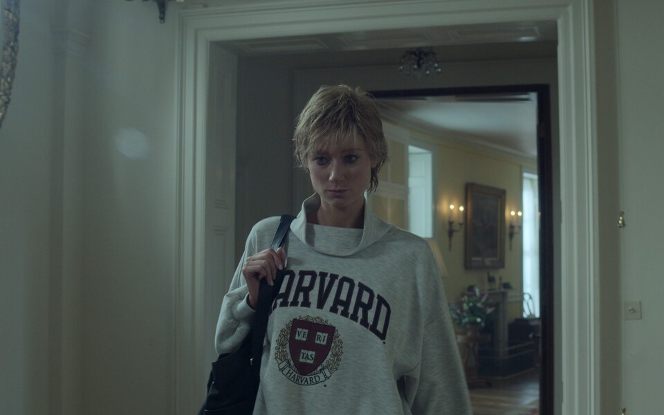 Harvard supplied the production with this discontinued funnel-neck style. Photo / Netflix