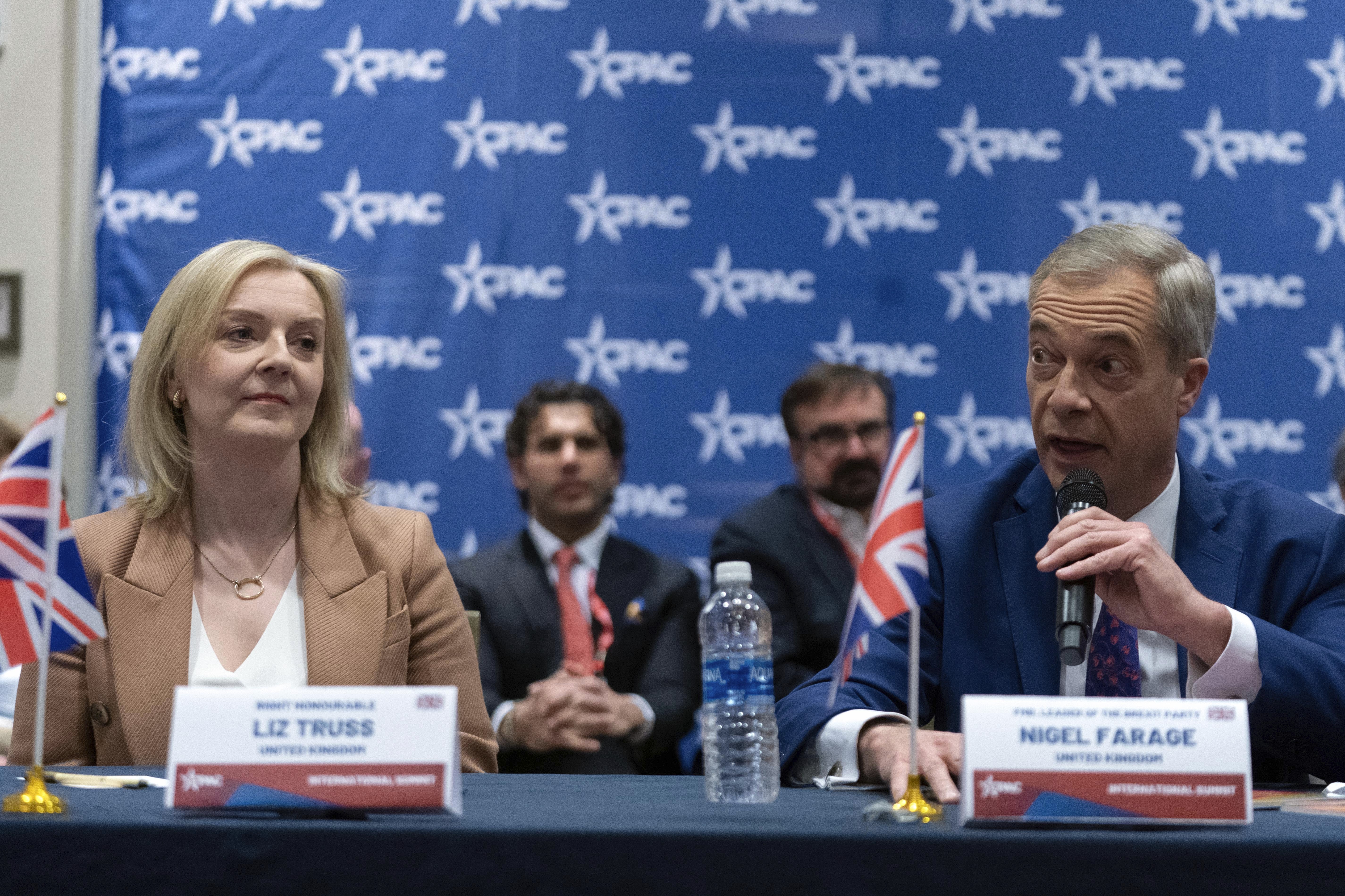 Liz Truss with former Brexit Party leader Nigel Farage at CPAC 2024. Photo / AP