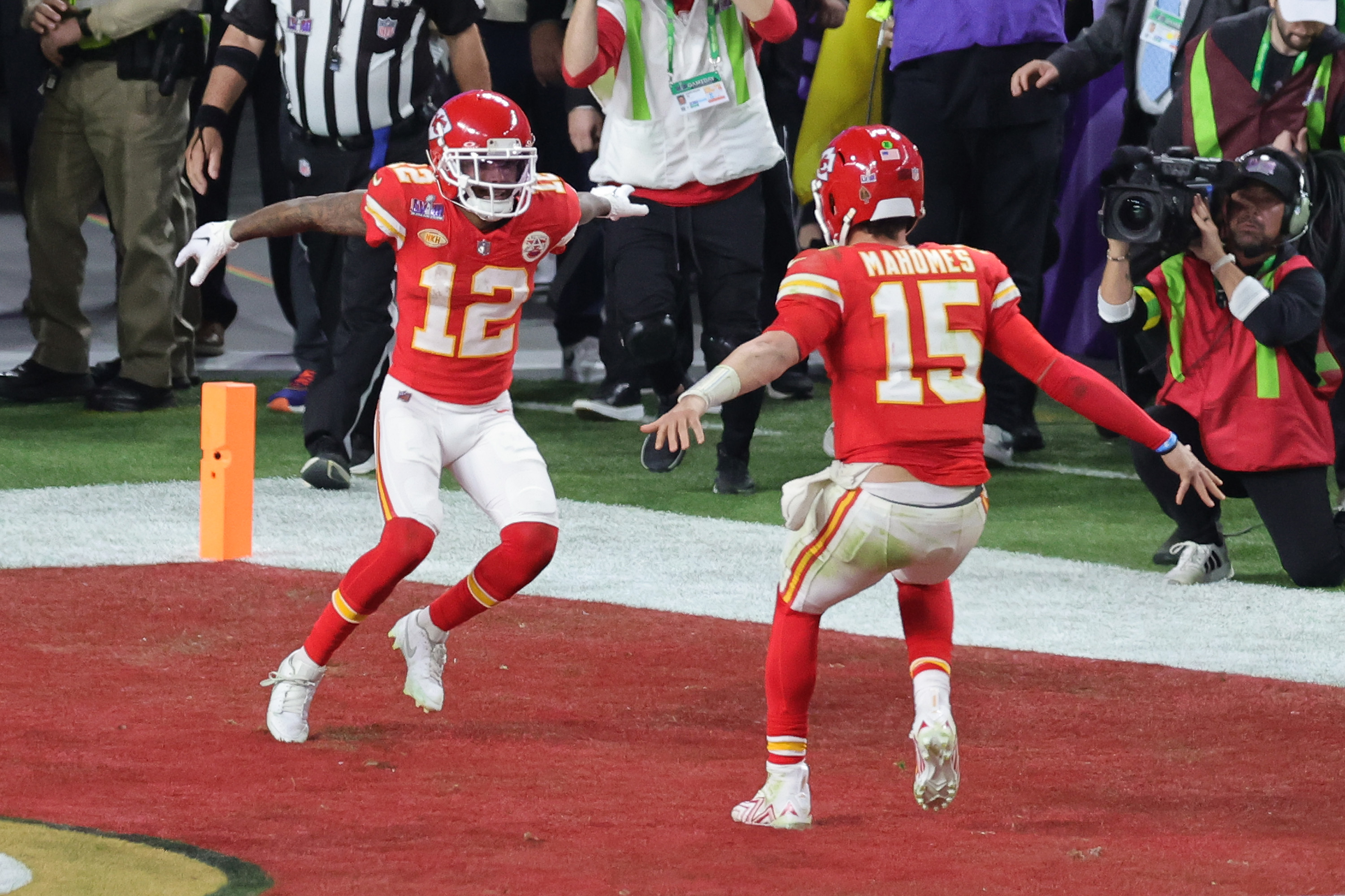 Mecole Hardman Jr. and Patrick Mahomes celebrate their Super Bowl-winning play. Photo / Getty Images