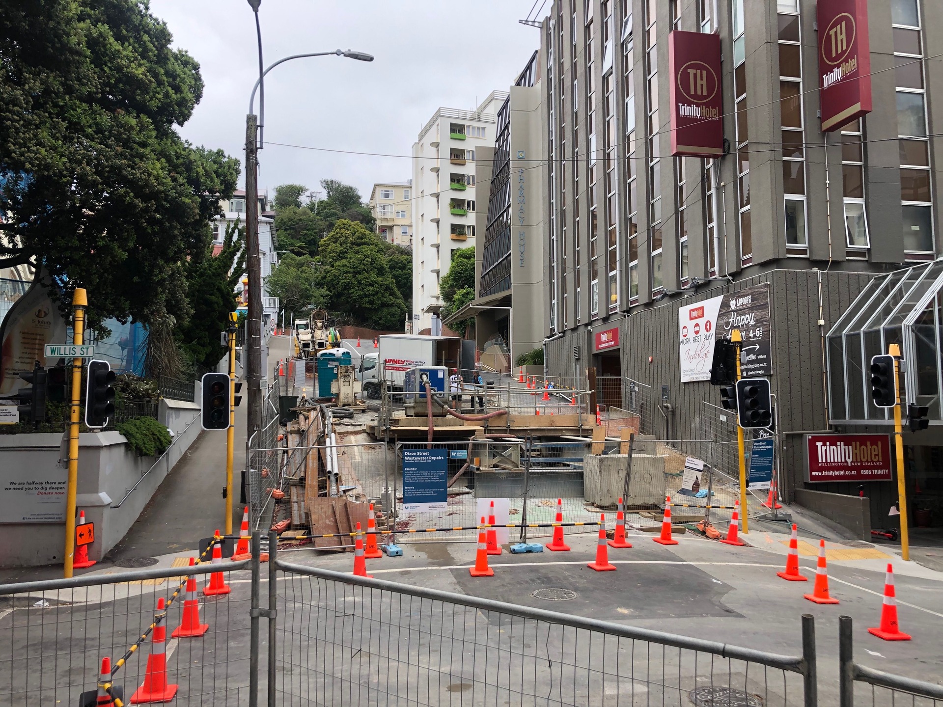 A wastewater pipe collapsed under Willis and Dixon Sts in Wellington's CBD on December 20. Photo / Georgina Campbell