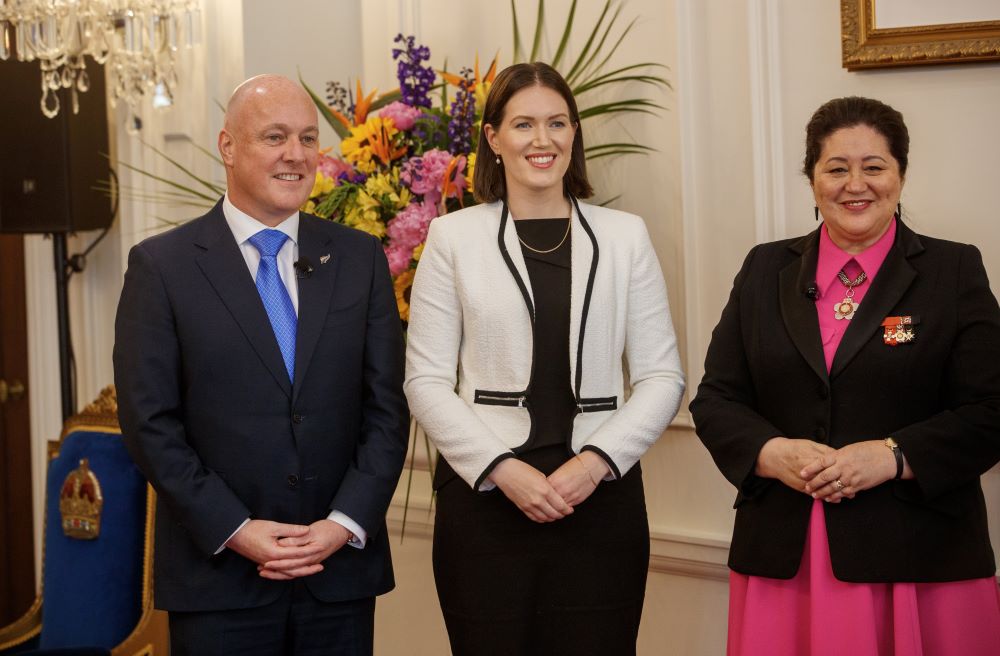 Internal Affairs Minister Brooke van Velden with Prime Minister Christopher Luxon and Governor-General Dame Cindy Kiro after the swearing-in ceremony at Government House in Wellington on November 27, 2023. Photo / Mark Mitchell