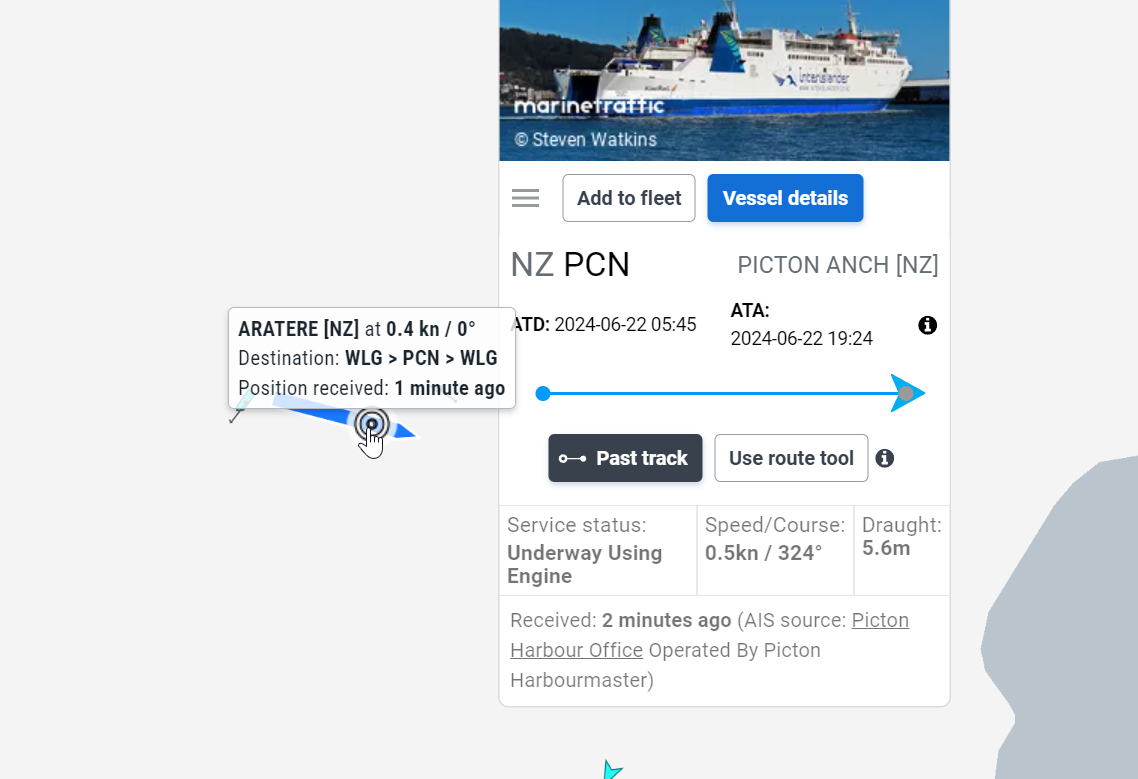 marinetraffic.com showing the Aratere now moving off the rocks after being refloated. Photo / marinetraffic.com