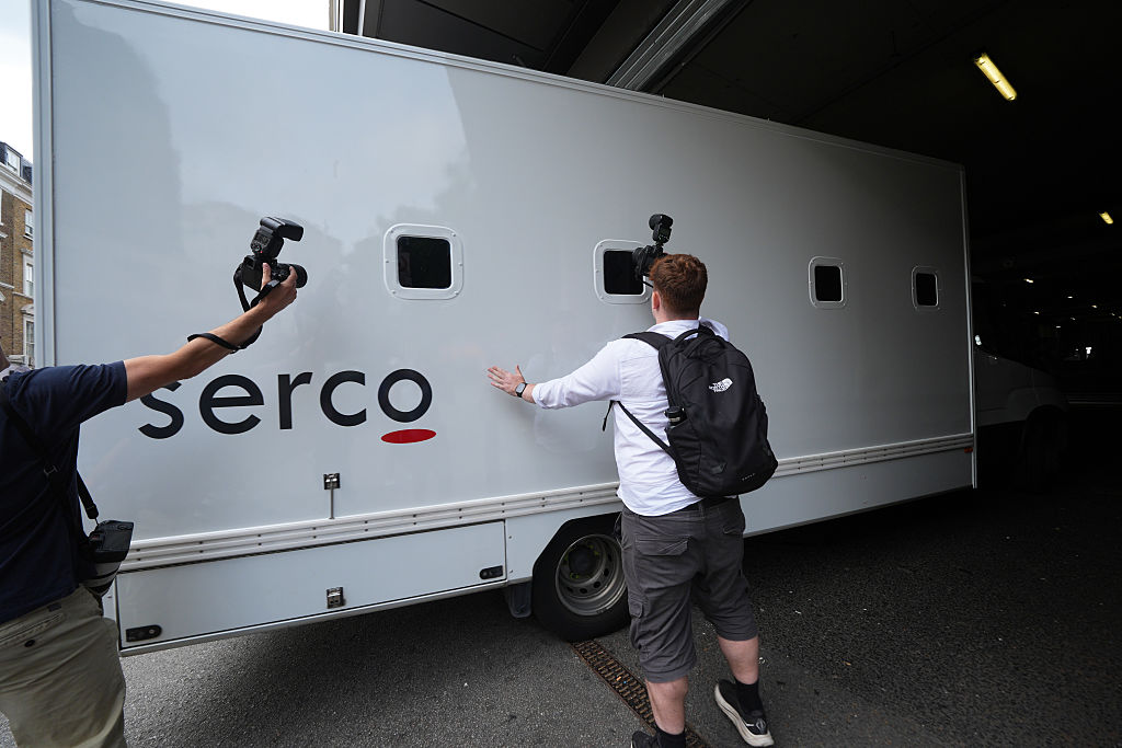 A prison van arriving at Westminster Magistrates' Court in London, where Joshua Kerry is due to appear charged with the murder of MP Ann Widdecombe. Photo / Getty Images