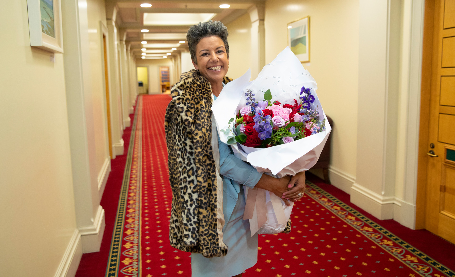National Party MP Paula Bennett, pictured with flowers on her 50th, filmed a segment with Tom Sainsbury. Photo / Mark Mitchell