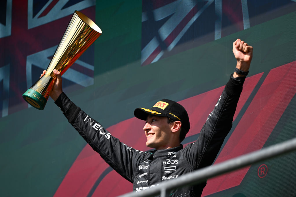 Race winner George Russell of Great Britain and Mercedes celebrates on the podium during the F1 Grand Prix of Belgium at Circuit de Spa-Francorchamps. Photo / Getty Images