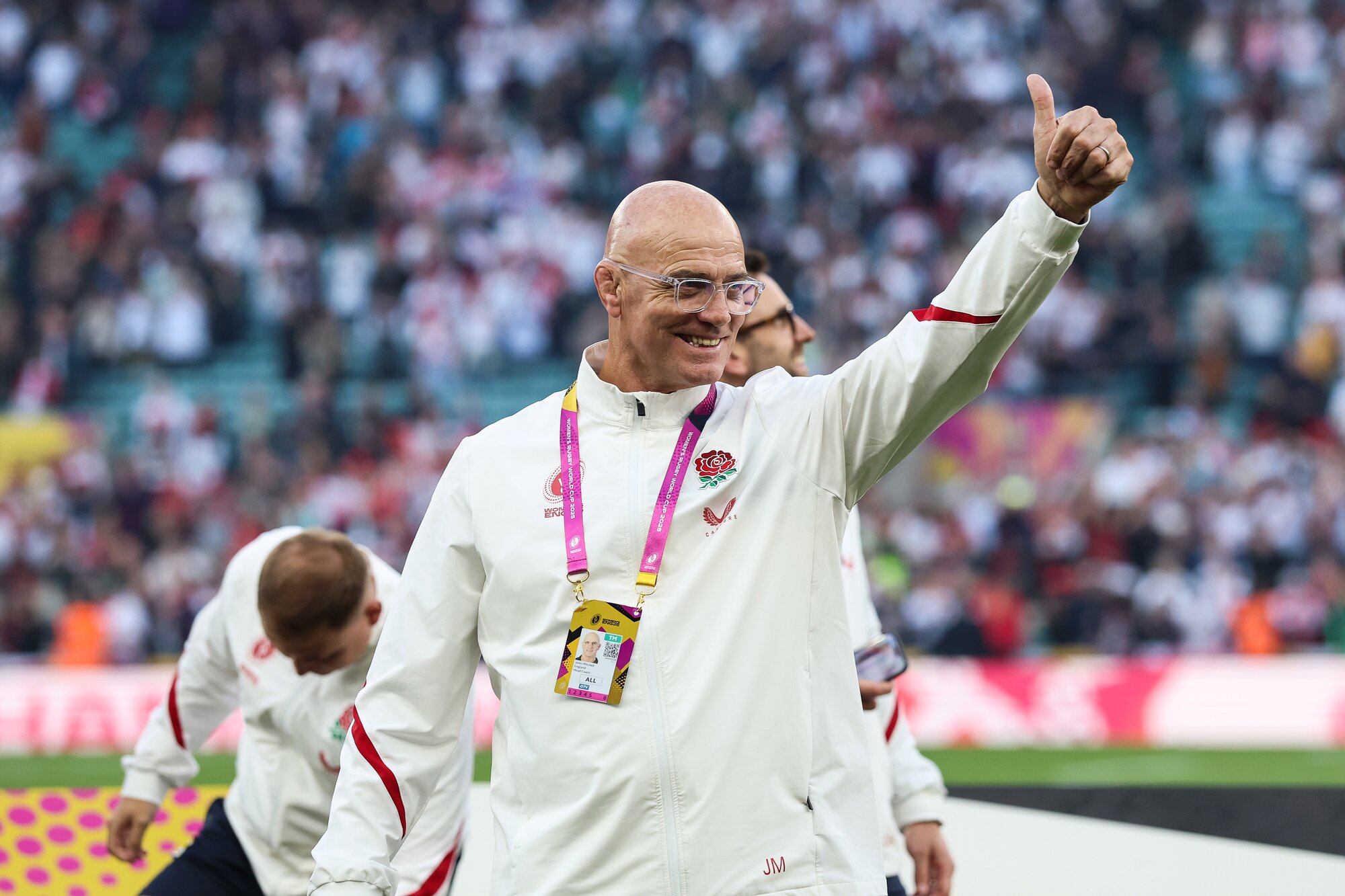 England coach John Mitchell celebrates after his side's victory in the Women's Rugby World Cup final. Photo / Photosport