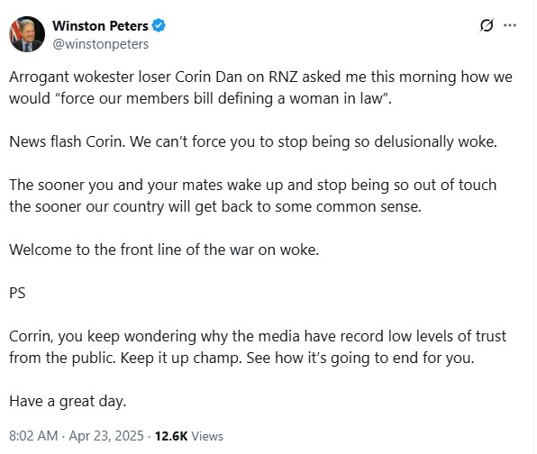 Winston Peters' social media post, taking aim at RNZ host Corin Dann.