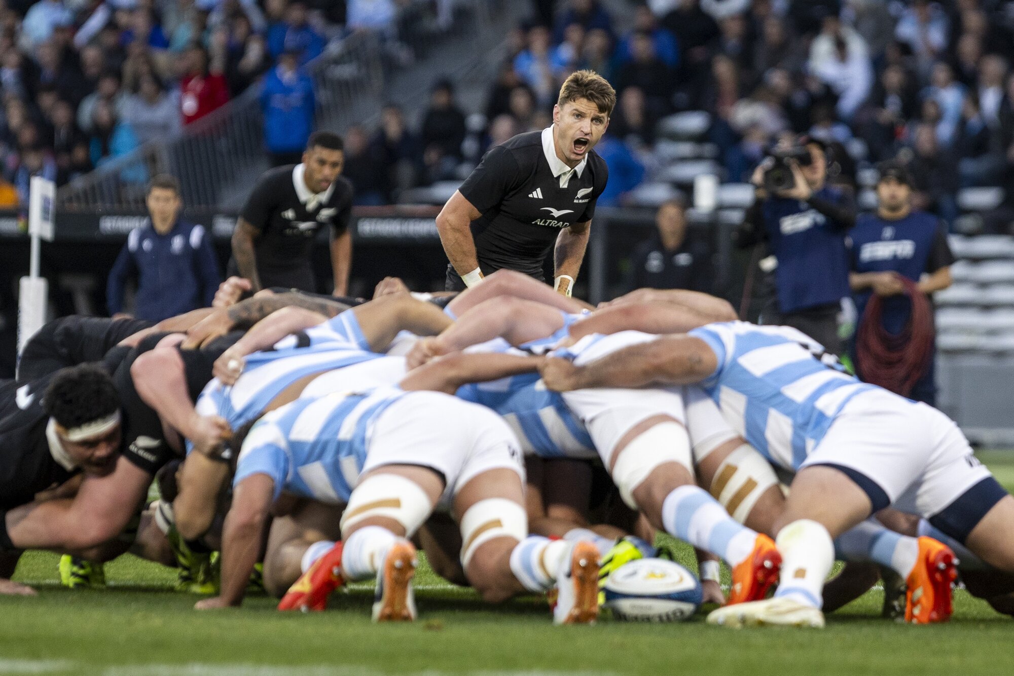 Beauden Barrett makes a call in this morning's match against Argentina. Photo / SmartFrame