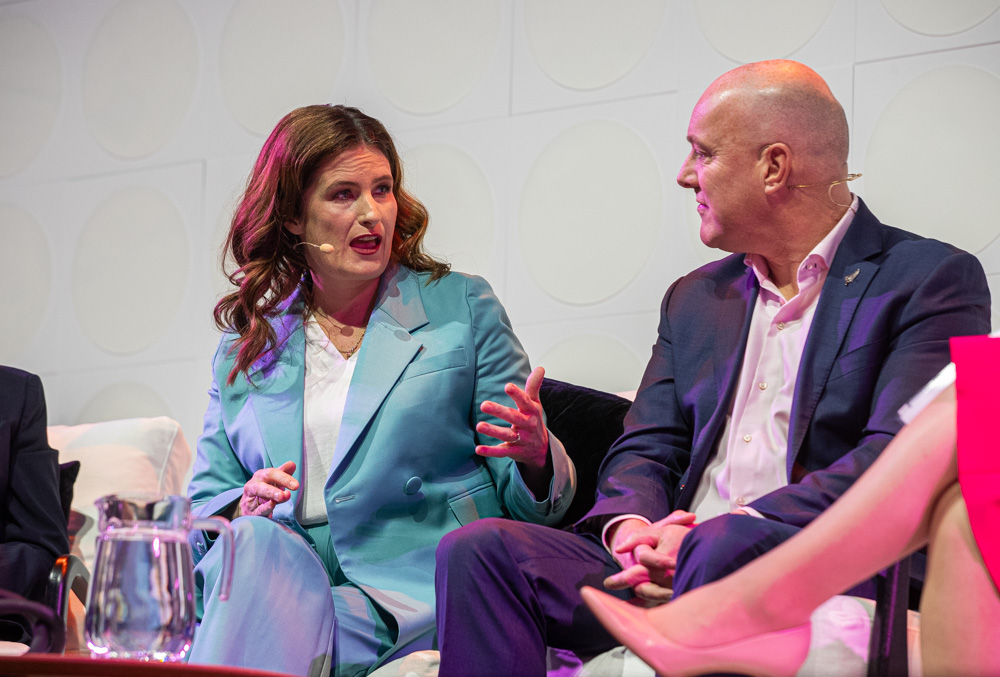 Minister of Finance Nicola Willis and Prime Minister Christopher Luxon participate in a fireside chat facilitated by Dame Therese Walsh and Cathy Quinn at the Bold Steps Conference. Photo / Jason Dorday