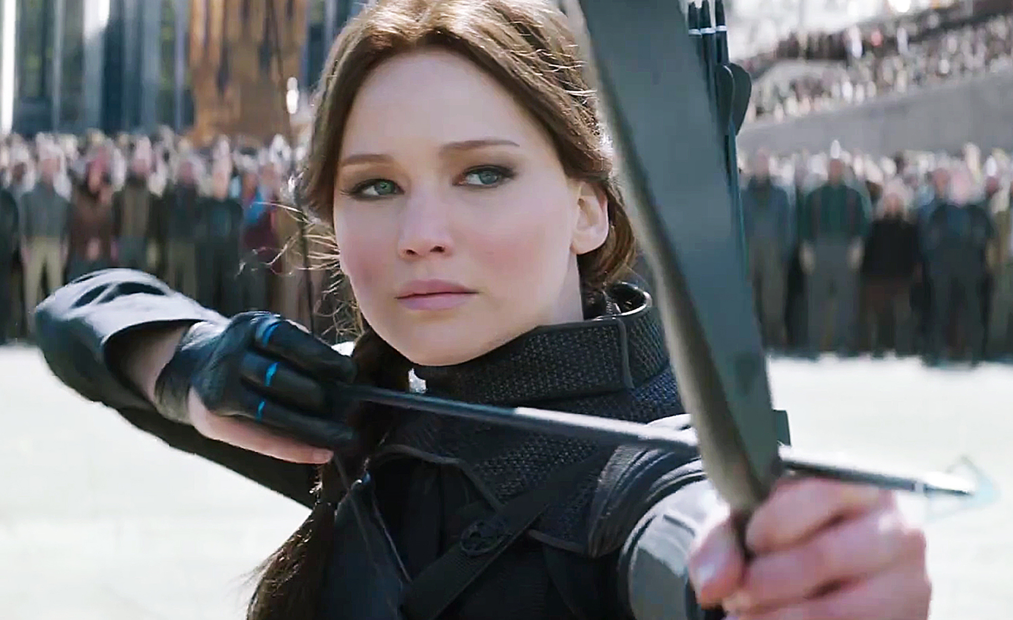 Jennifer Lawrence as protagonist Katniss Everdeen in the 2015 movie THe Hunger Games Part 2: Mockingjay.