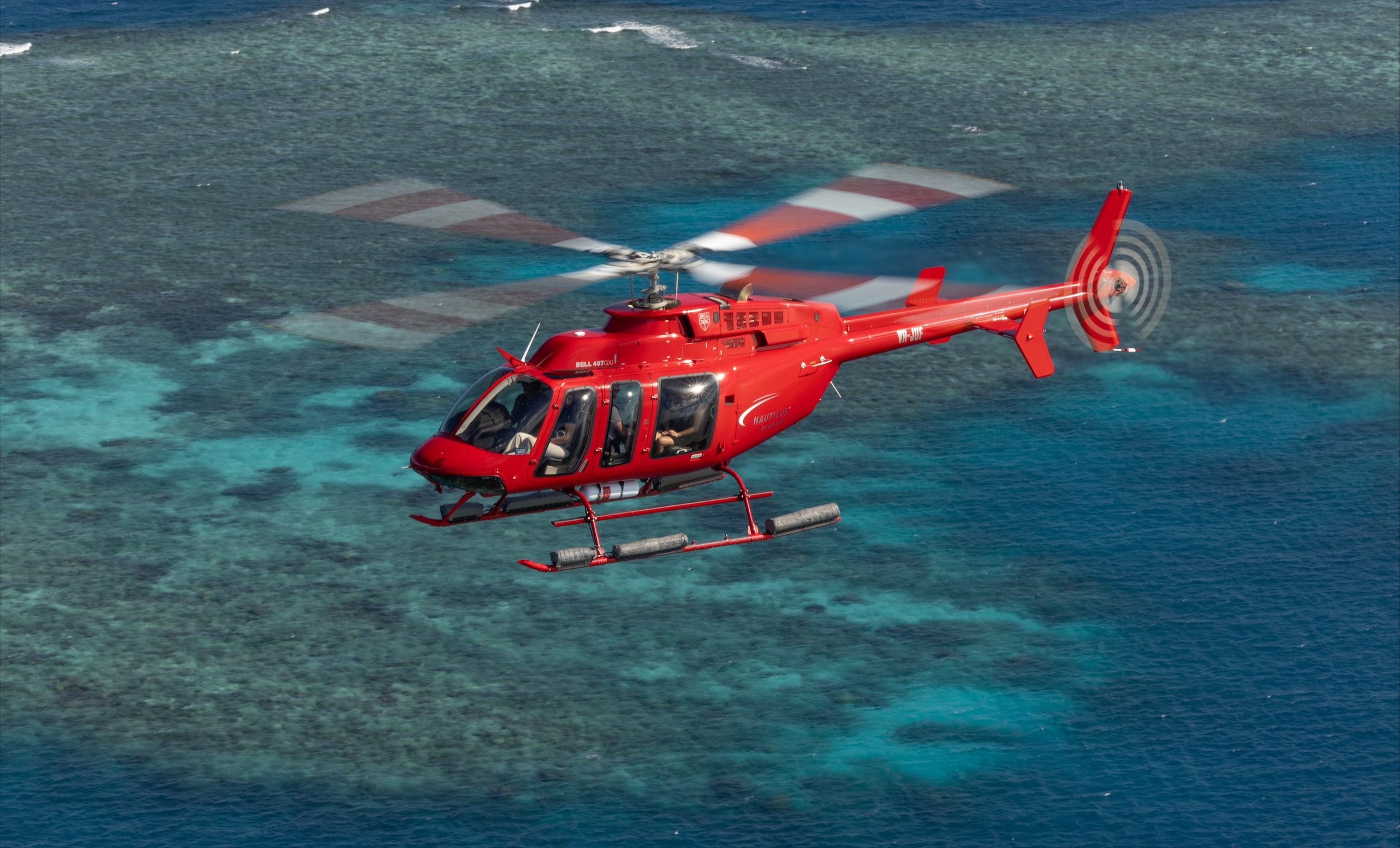 The Bell 407 model has a top speed of 133 knots (246km/h) and a range of 624km.