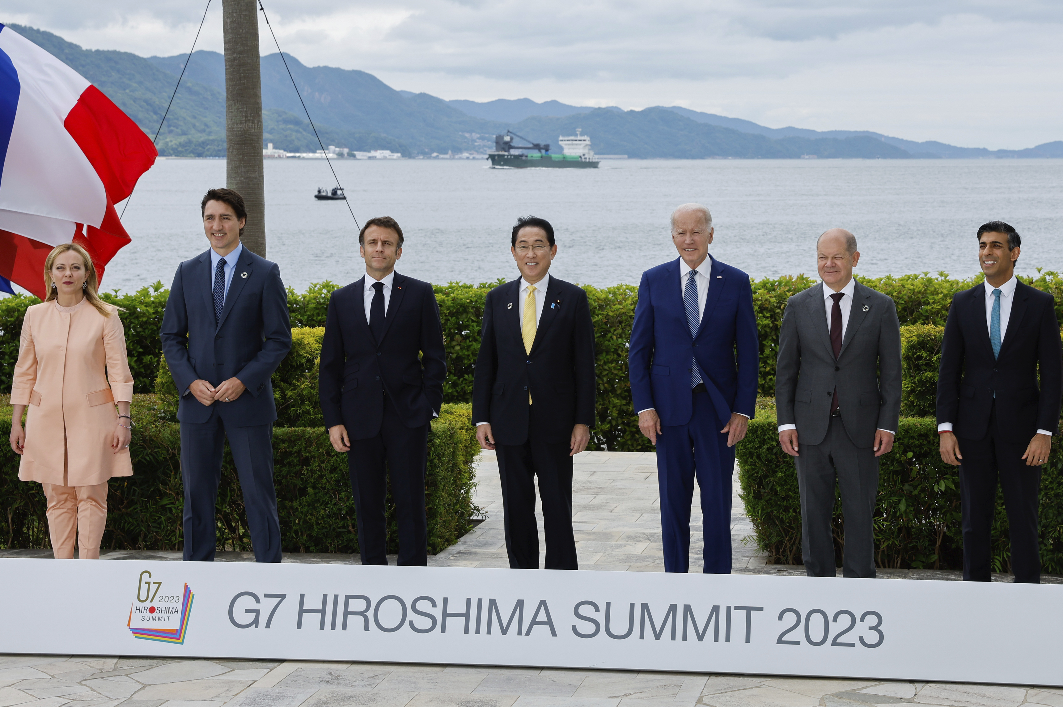 Italy's Prime Minister Giorgia Meloni (left), Canada's Prime Minister Justin Trudeau, France's President Emmanuel Macron, Japan's Prime Minister Fumio Kishida, US President Joe Biden, Germany's Chancellor Olaf Scholz and Britain's Prime Minister Rishi Sunak at the G7 summit. Photo / AP