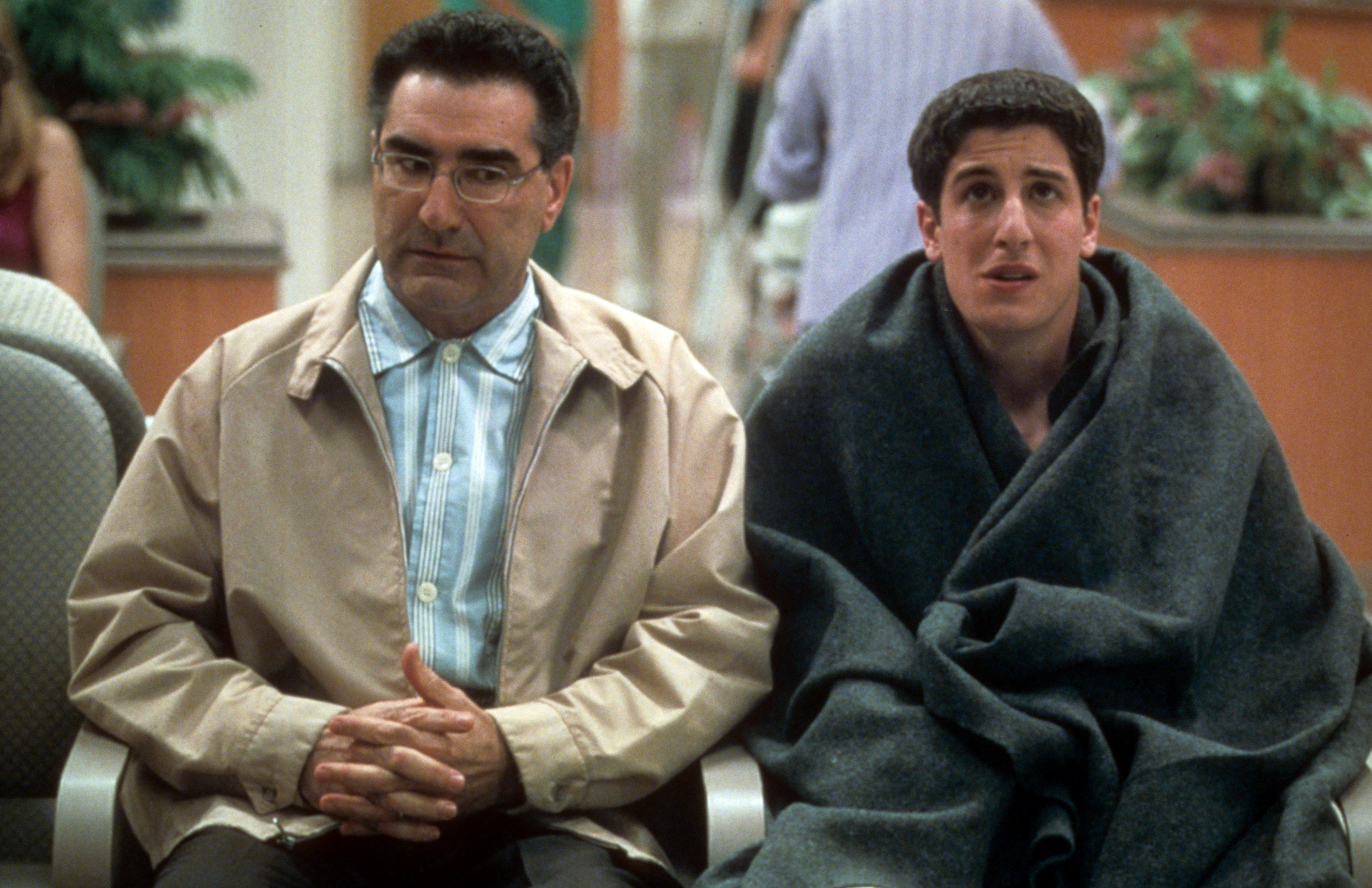 Eugene Levy and Jason Biggs in waiting room in a scene from the film American Pie. Photo / Getty 