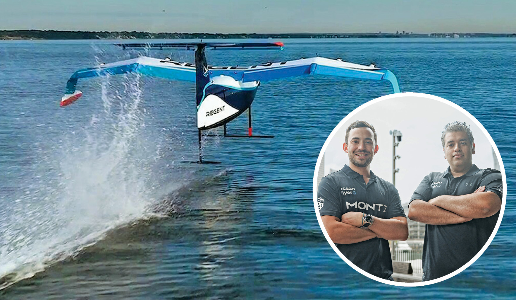 Monte chief operating officer Timothy Eyre (inset left) and Ocean Flyer CEO Shah Aslam (right) with the Ocean Flyer seagliders. Photos / Ocean Flyer