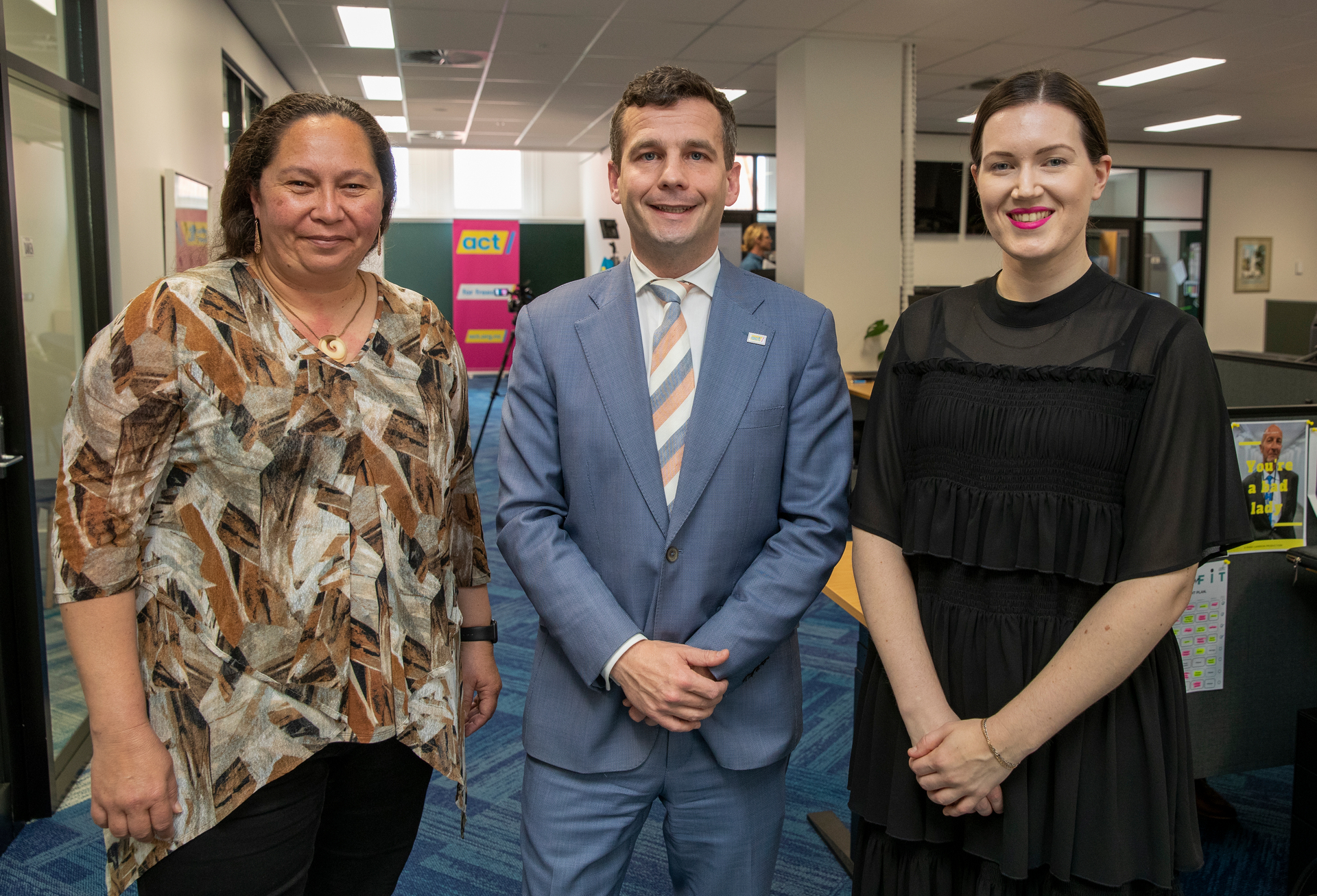 Act leader David Seymour, flanked by MP Nicole McKee and deputy leader Brooke van Veldon. Photo / Mark Mitchell