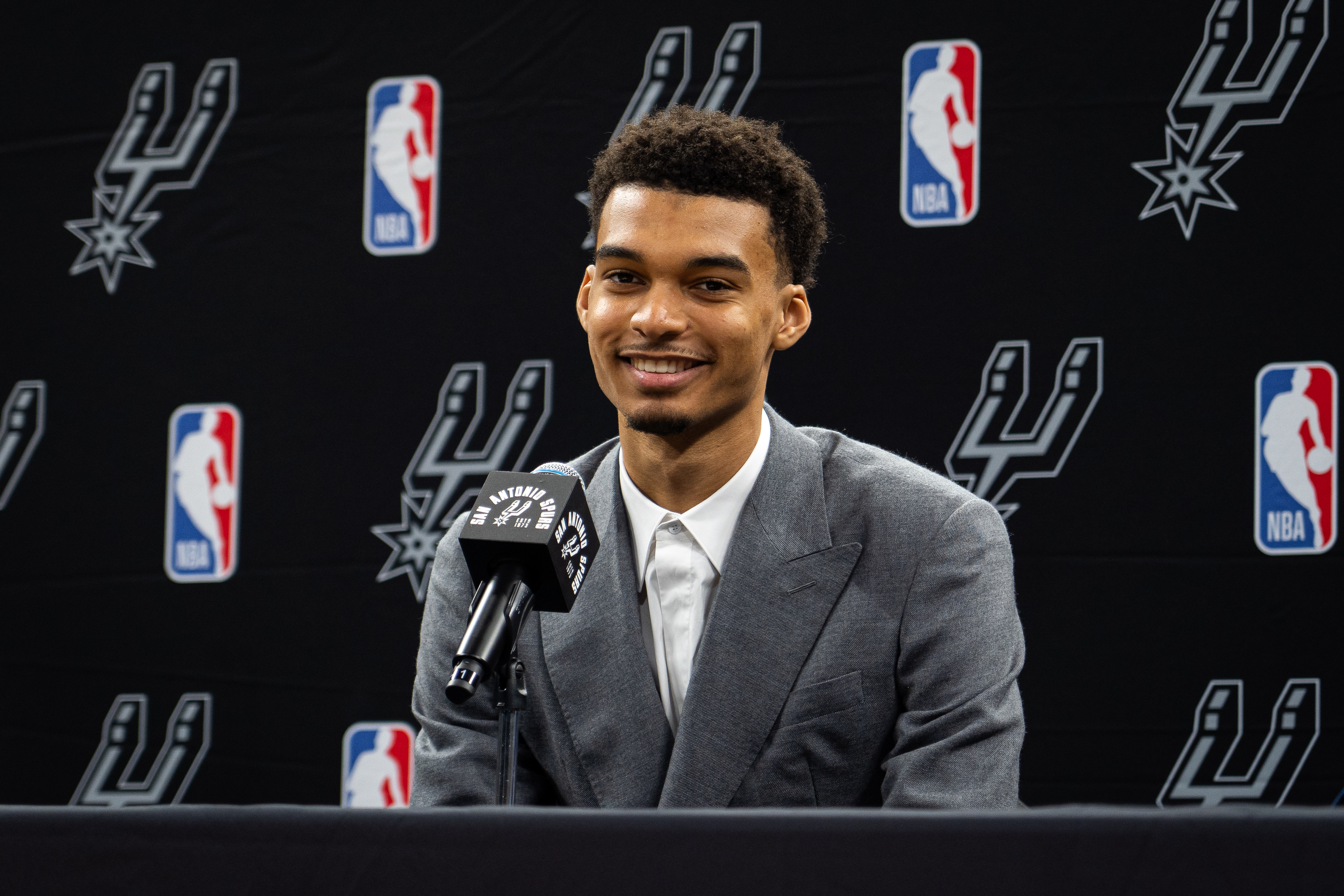 Victor Wembanyama addresses the media on June 24, 2023 at AT&T Center in San Antonio, Texas. Photo / Getty Images