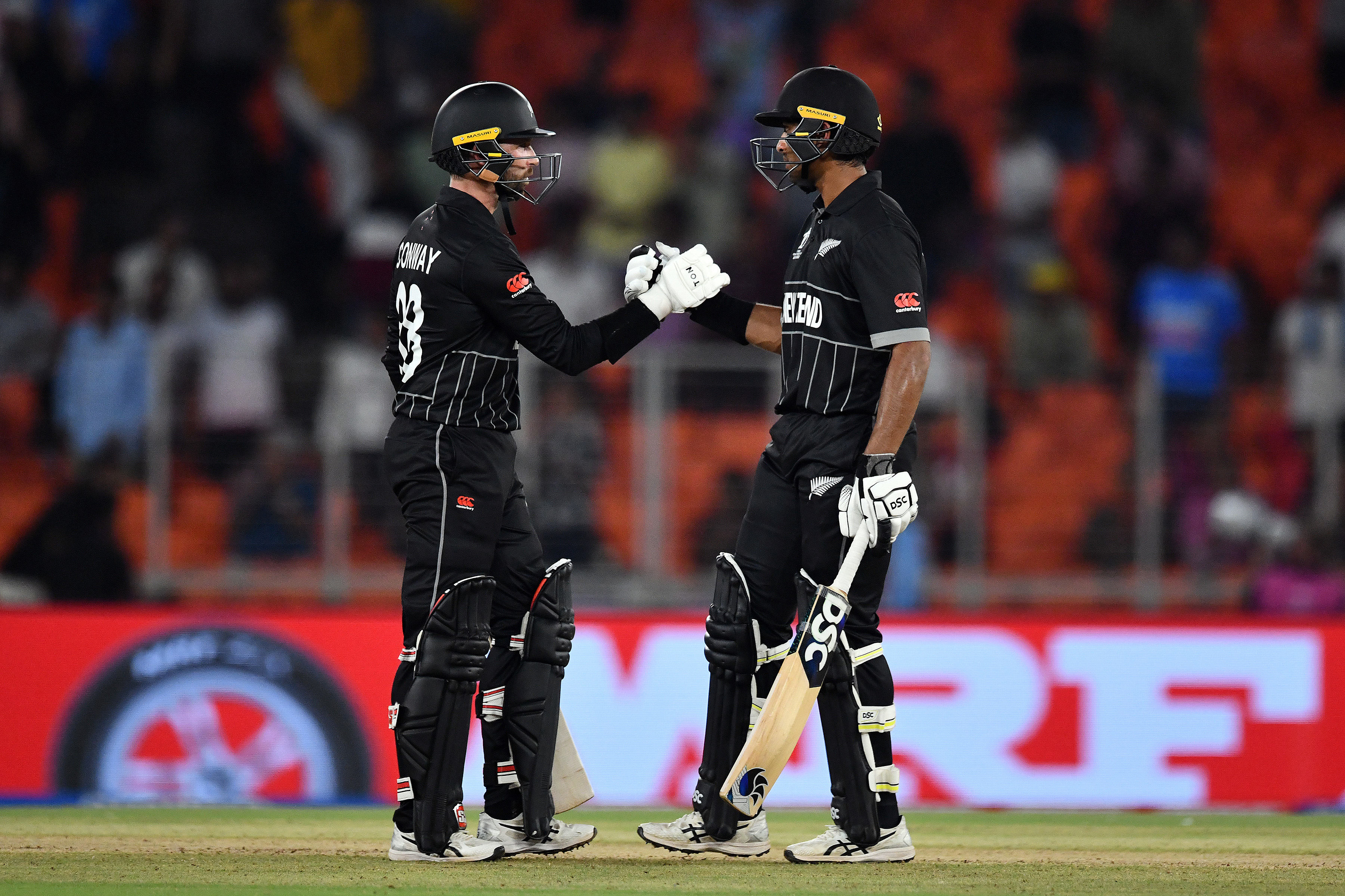 Devon Conway (left) and Rachin Ravindra combined for a match-winning stand overnight against England. Photo / Photosport