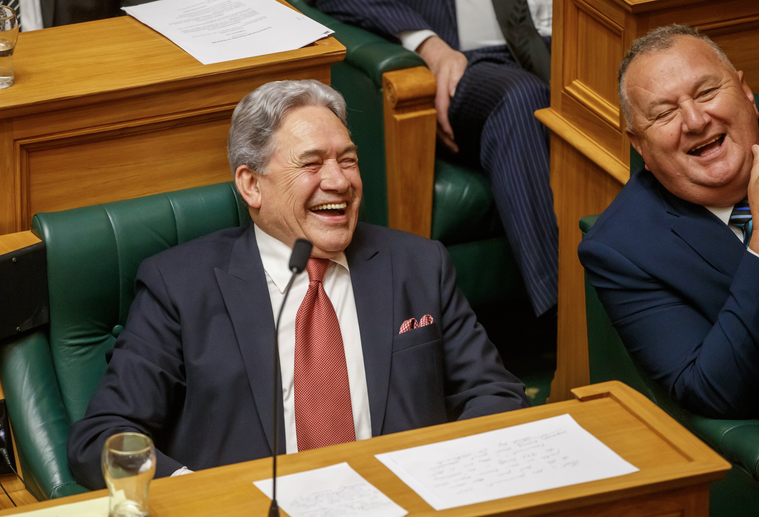 Deputy Prime Minister Winston Peters and senior government Minister Shane Jones share a laugh during the final Question Time of the year. Photo / Mark Mitchell
