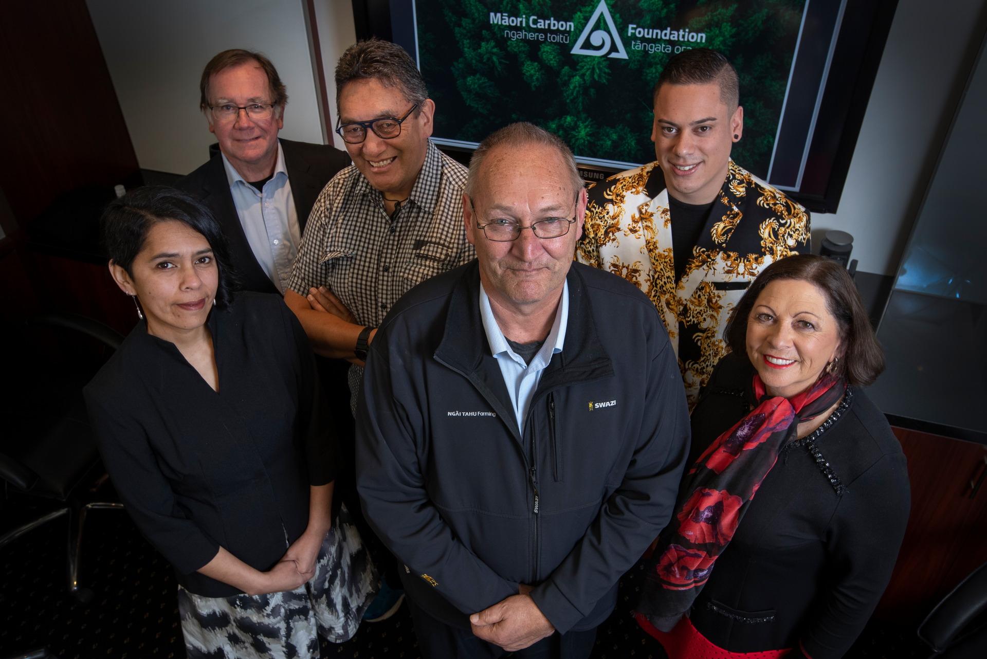 The founding Māori Carbon board, from left to right, is Maru Nihoniho, Murray McCully, Hone Harawira, chairman Sir Mark Solomon, Jevan Goulter and Michelle Boag. Photo / File