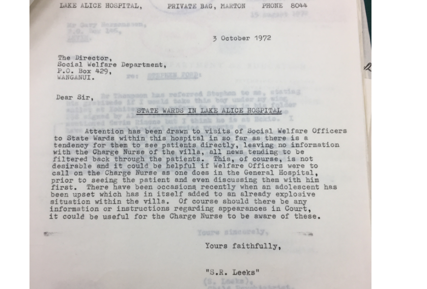 A 1972 letter from Dr Selwyn Leeks, asking social workers to stop visiting Lake Alice children directly. Photo / David Fisher