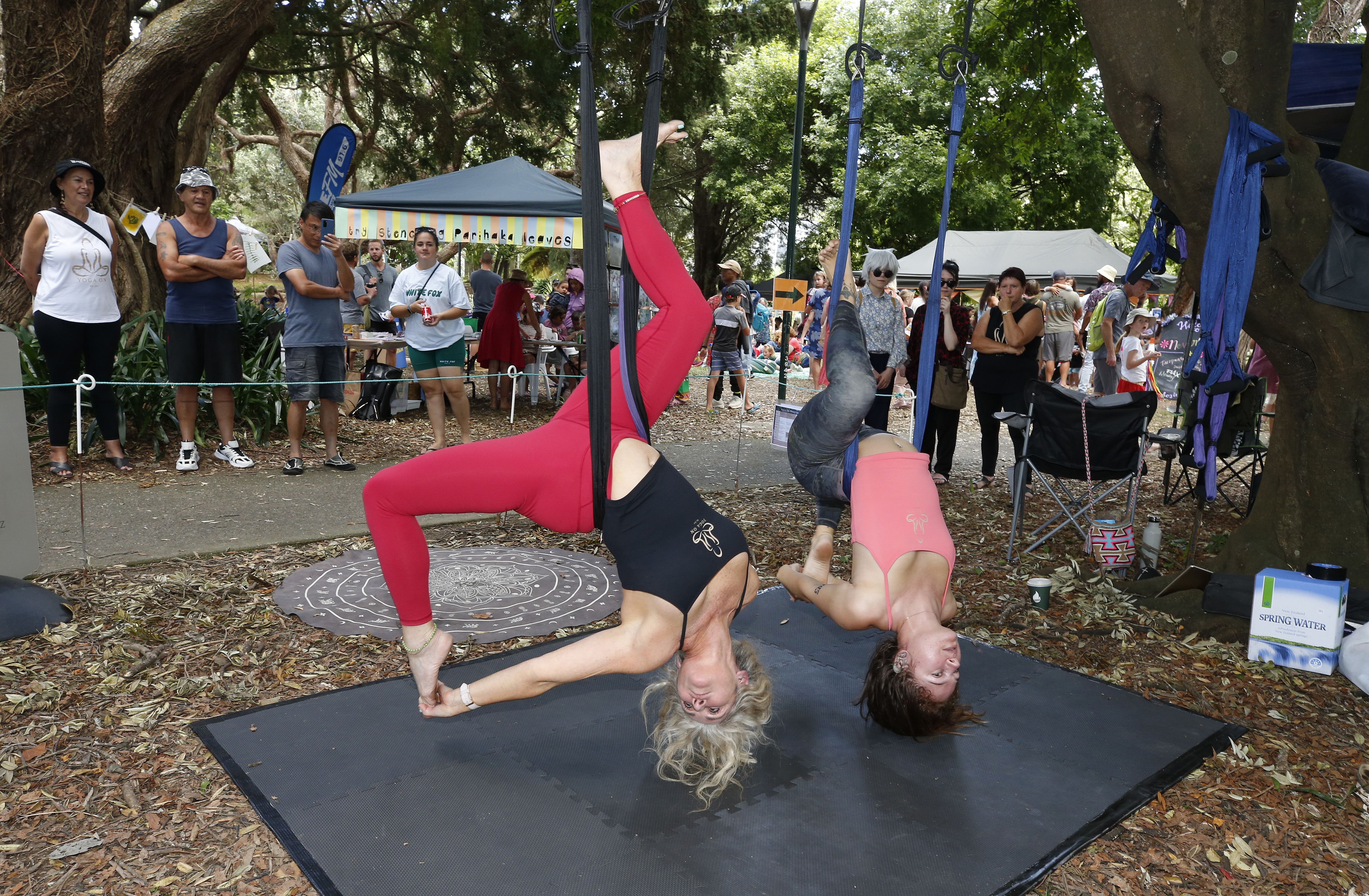 Jacqueline Marie and Theresa Fanene, from Yoga On by Jac, give a yoga demonstration at ArtBeat, in Whangārei on Saturday.