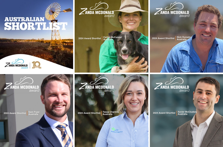 2024 Zanda McDonald Award Australian finalists: Caitlin McConnel, Nick Dunsdon, Sam Fryer, Tessa Chartres, and Xavier McCluskey. Photo / zandamcdonald.co.nz
