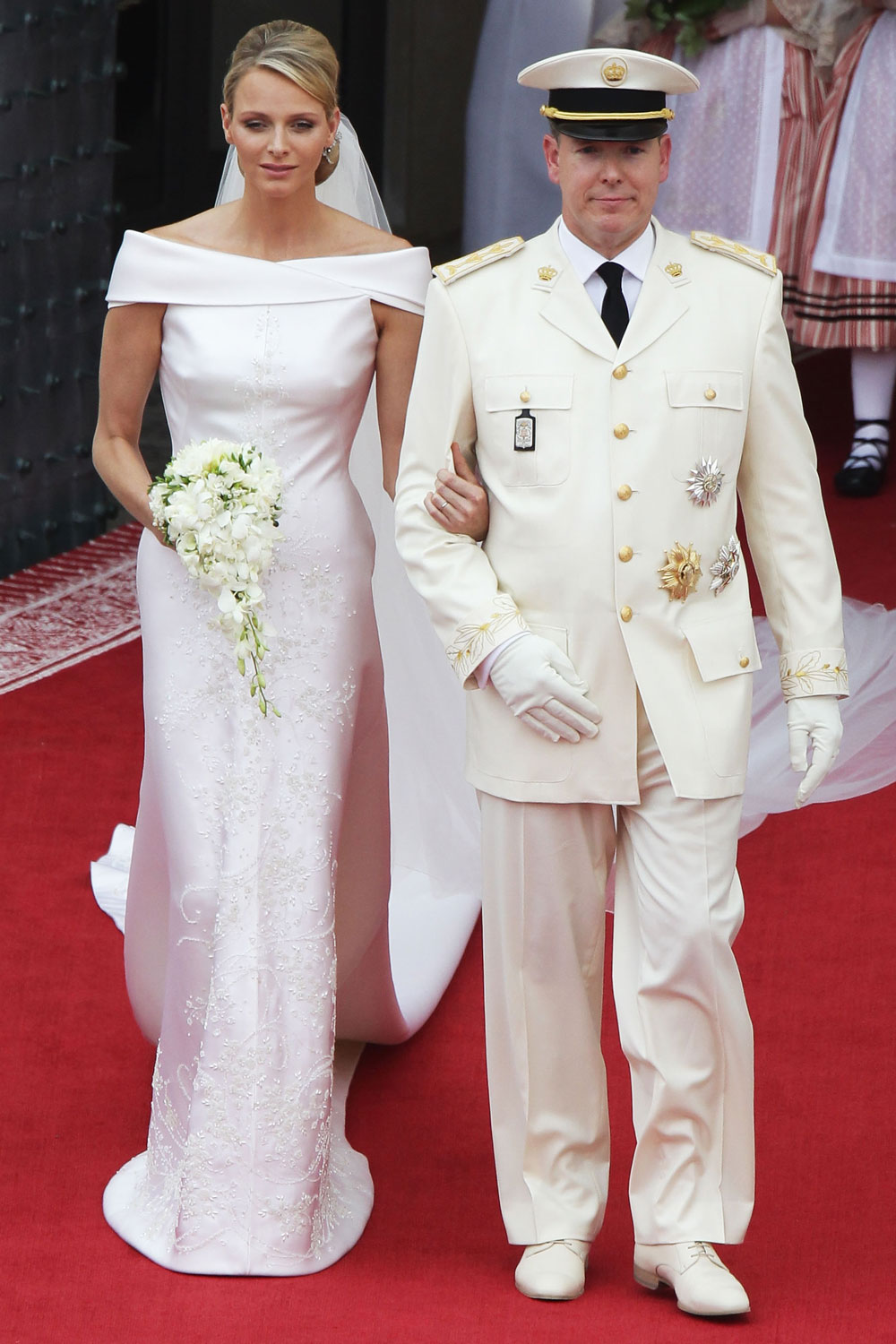 Charlene, Princess of Monaco, wore a custom Giorgio Armani gown for her wedding in 2011. Picture / Getty Images.