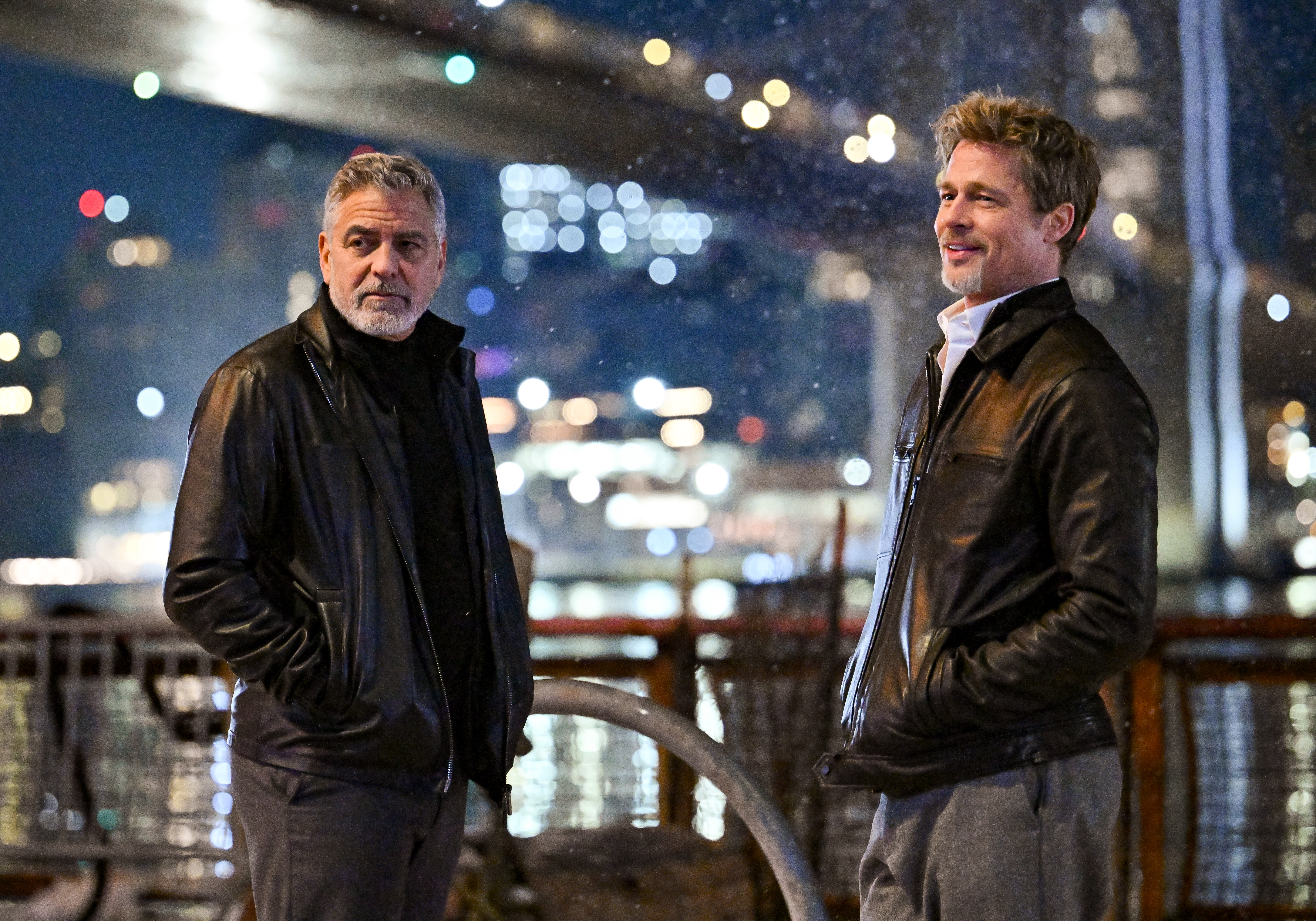 George Clooney and Brad Pitt on the set of Wolfs in New York City last year. Photo / Getty Images