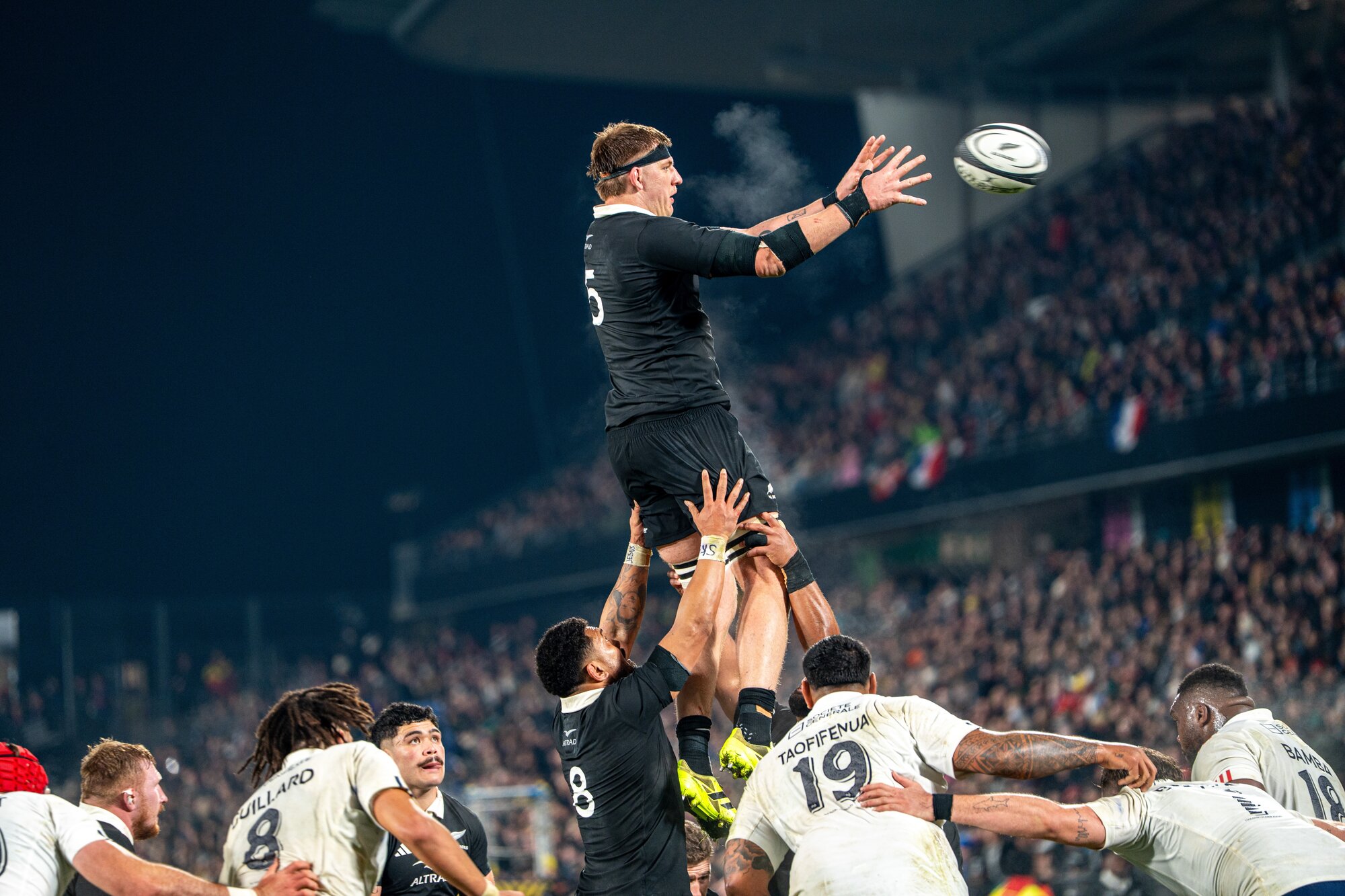 Fabian Holland takes a lineout ball against France in Hamilton. Photo / Alyse Wright