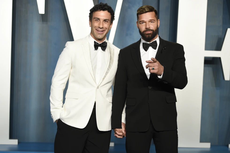 Jwan Yosef (left), and Ricky Martin appear at the Vanity Fair Oscar Party in Beverly Hills on March 27, 2022. Photo / AP