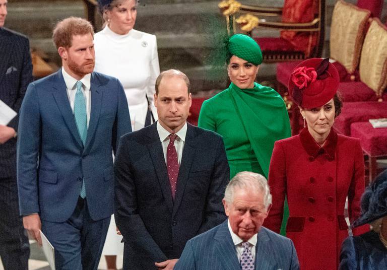 Harry and Meghan, William and Kate, with Prince Charles, front, as the family members leave the annual Commonwealth Service at Westminster Abbey in 2020. Photo / AP
