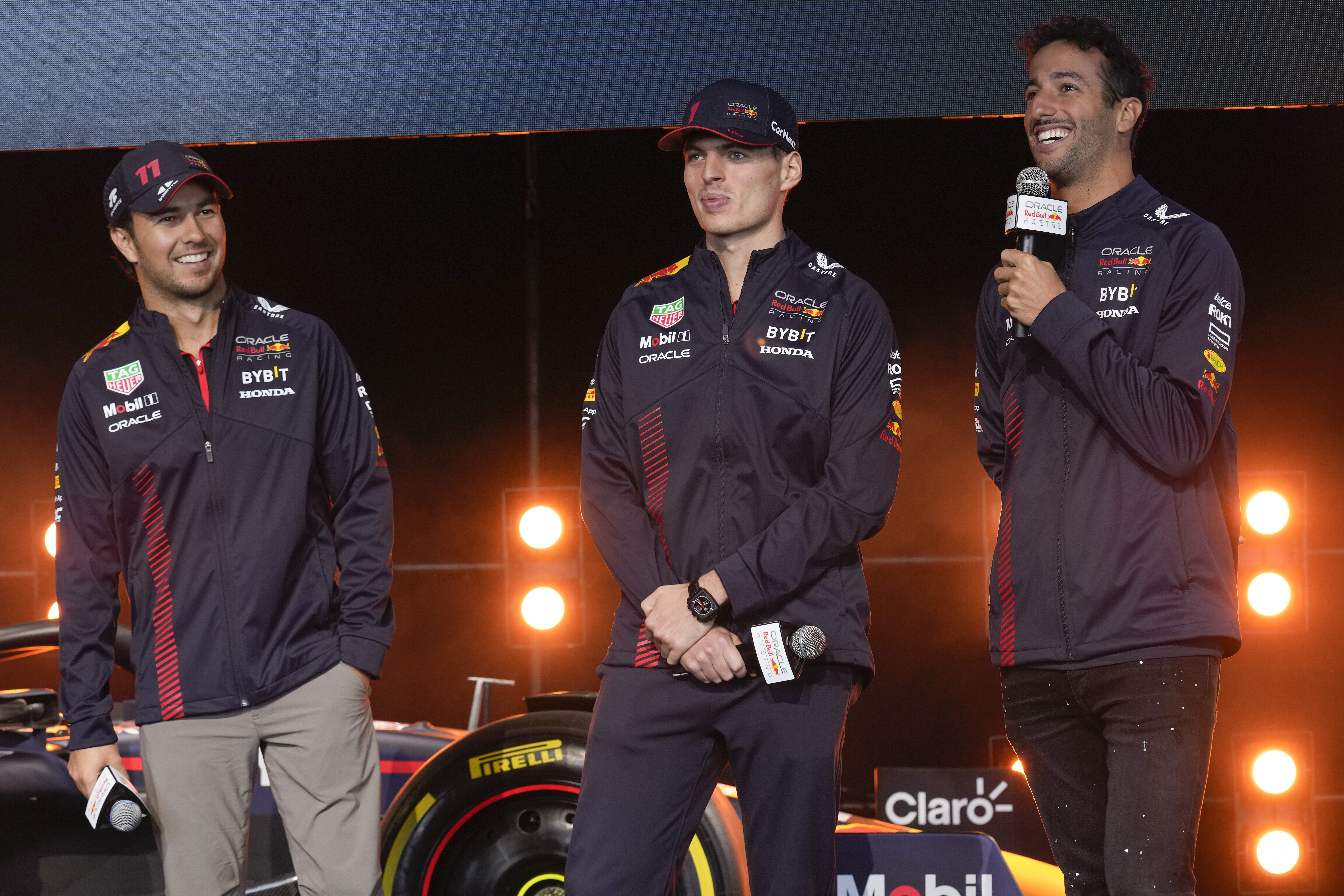 Red Bull Racing drivers Sergio Perez, Max Verstappen and Daniel Ricciardo. Photo / AP