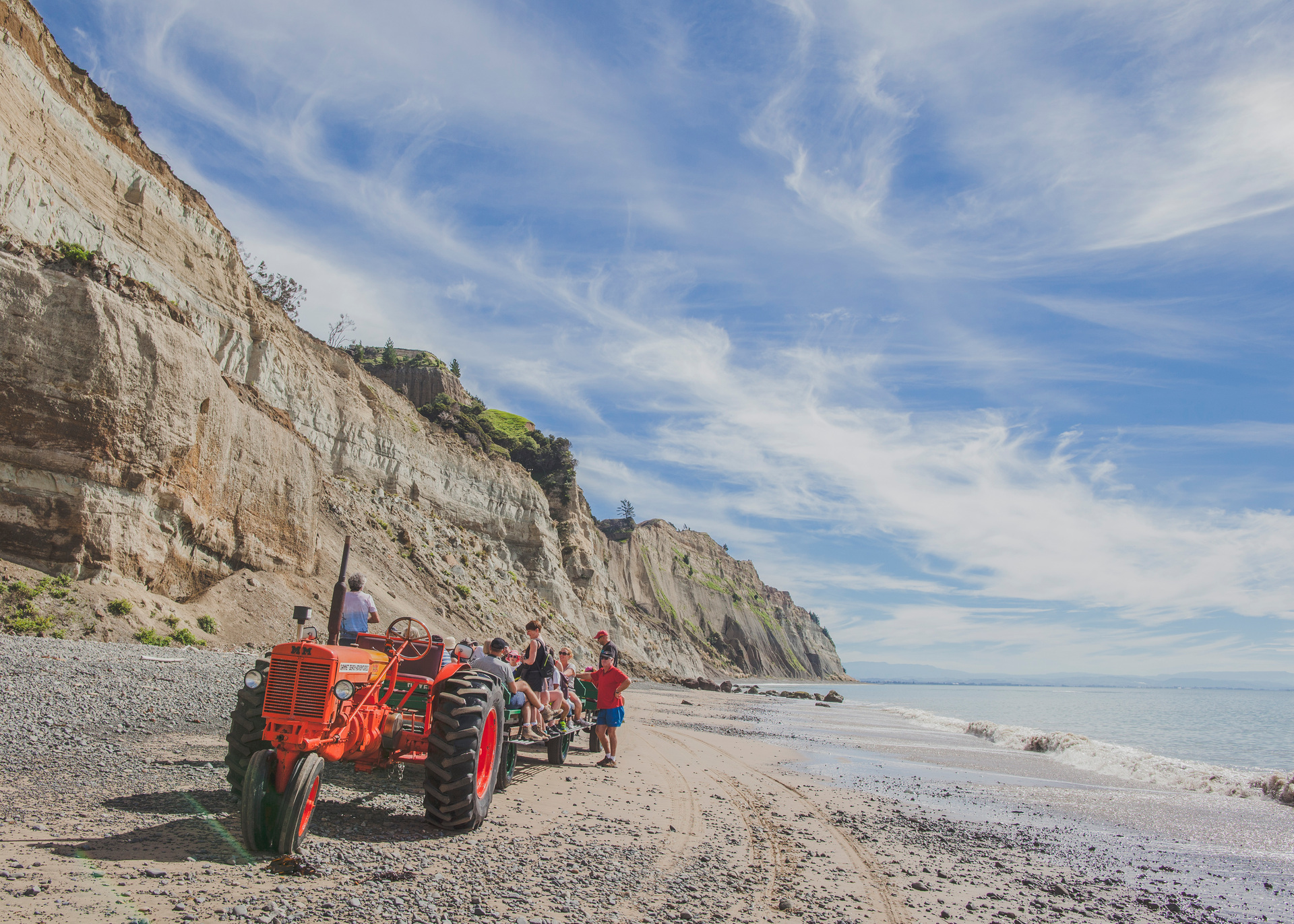 Get within a few feet of the world's largest, most accessible mainland gannet colony with Gannet Beach Adventures onboard a tractor and trailer. Photo / Hawke's Bay Tourism