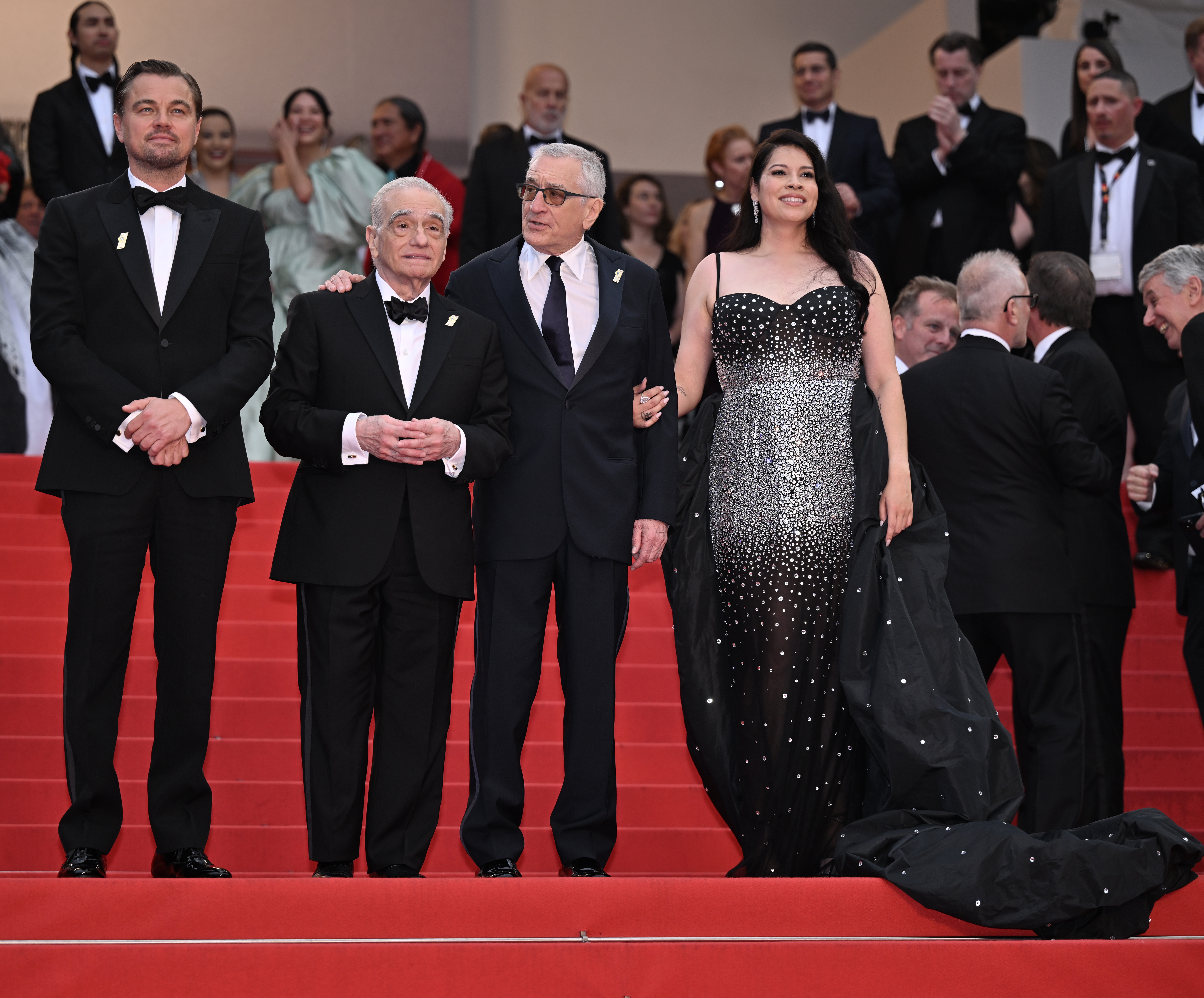 From left: Leonardo DiCaprio, director Martin Scorsese, Robert De Niro, and Cara Jade Myers at the Cannes premiere of Killers of the Flower Moon. Photo/ Getty Images