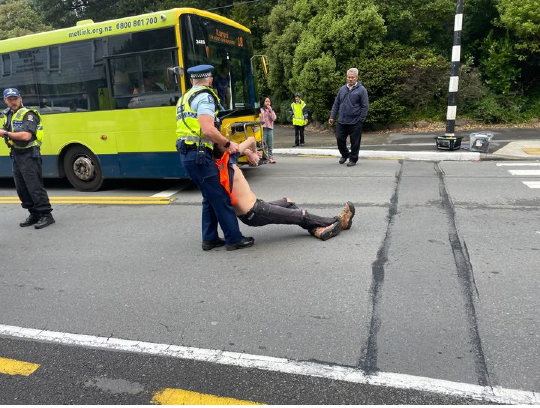 A Restore Passenger Rail protester is dragged away by police after blocking Glenmore Street in Karori. Photo / Azaria Howell
