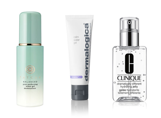 From left: Tatcha Pore Perfecting Water Gel Moisturiser, Dermalogica Ultra Calming Calm Water Gel, Clinique Dramatically Different Hydrating Jelly. Photos / Supplied 