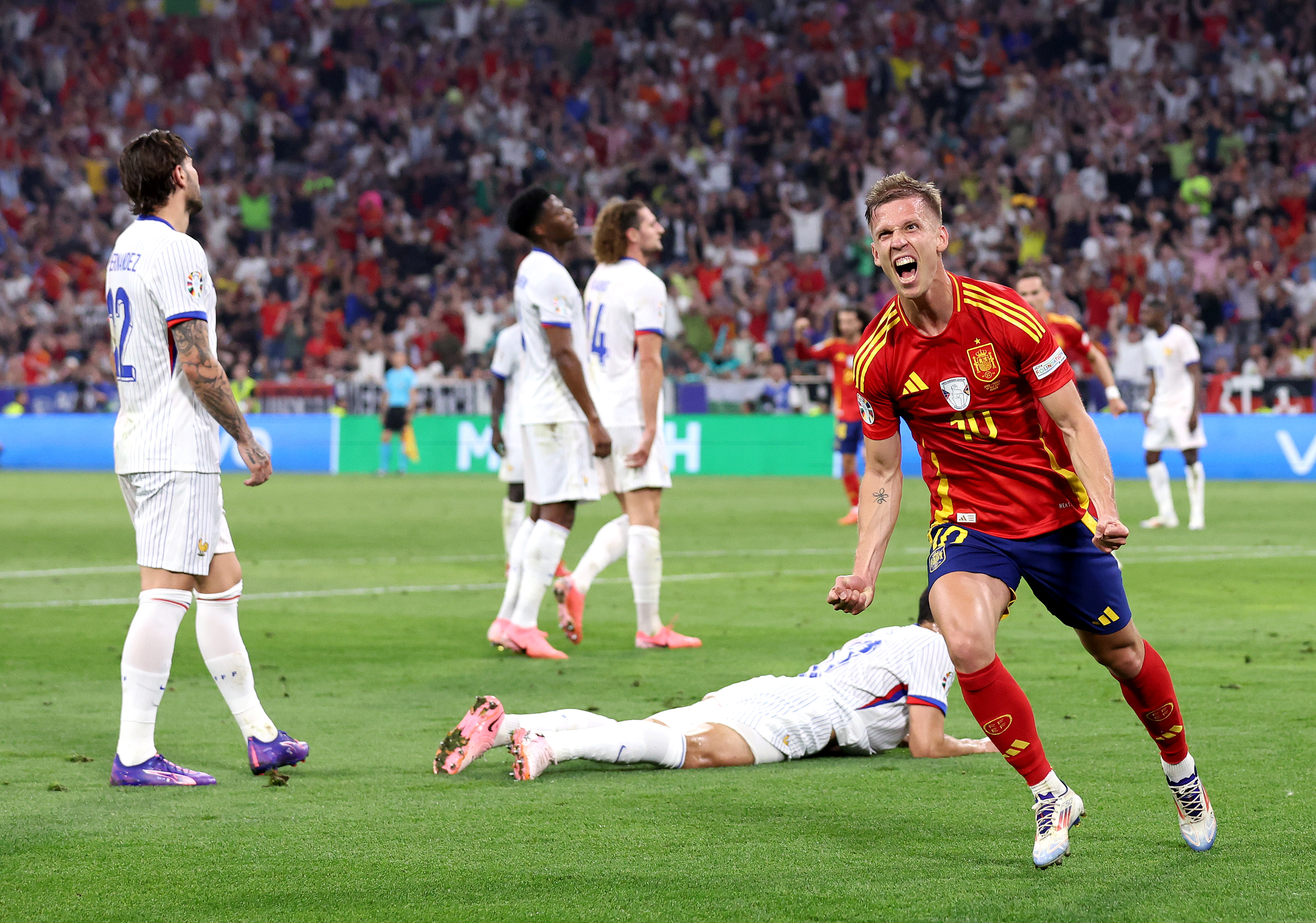 Spain's Dani Olmo celebrates his goal against France. Photo / Getty Images