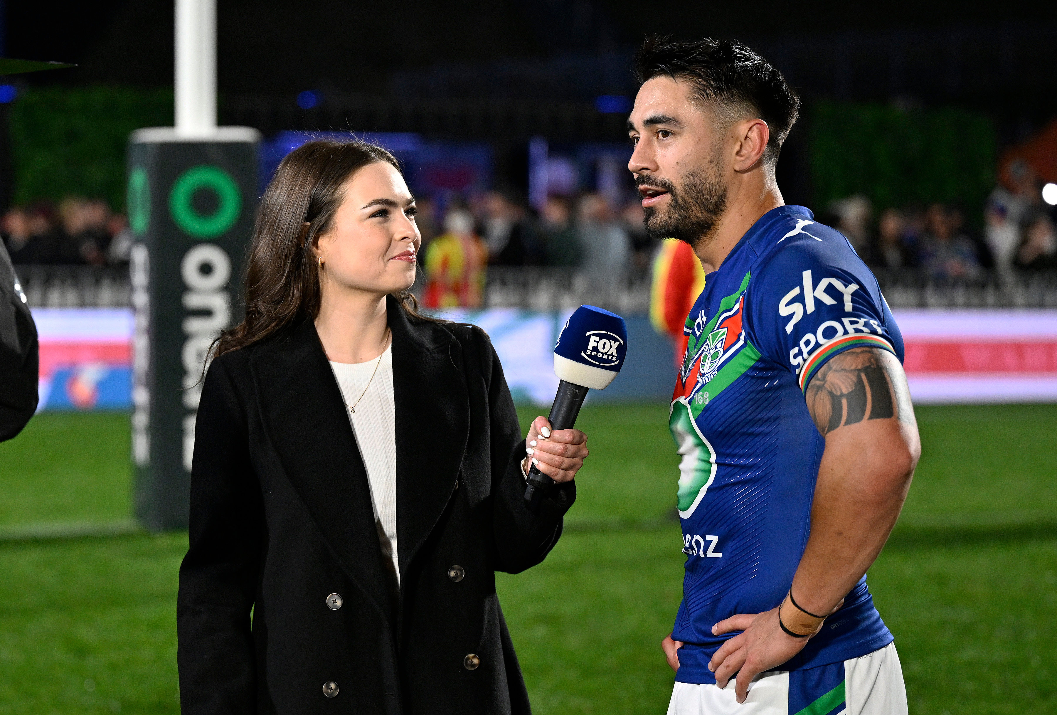 Tiffany Salmond interviewing the Warriors' Shaun Johnson in 2023. Photo / Photosport